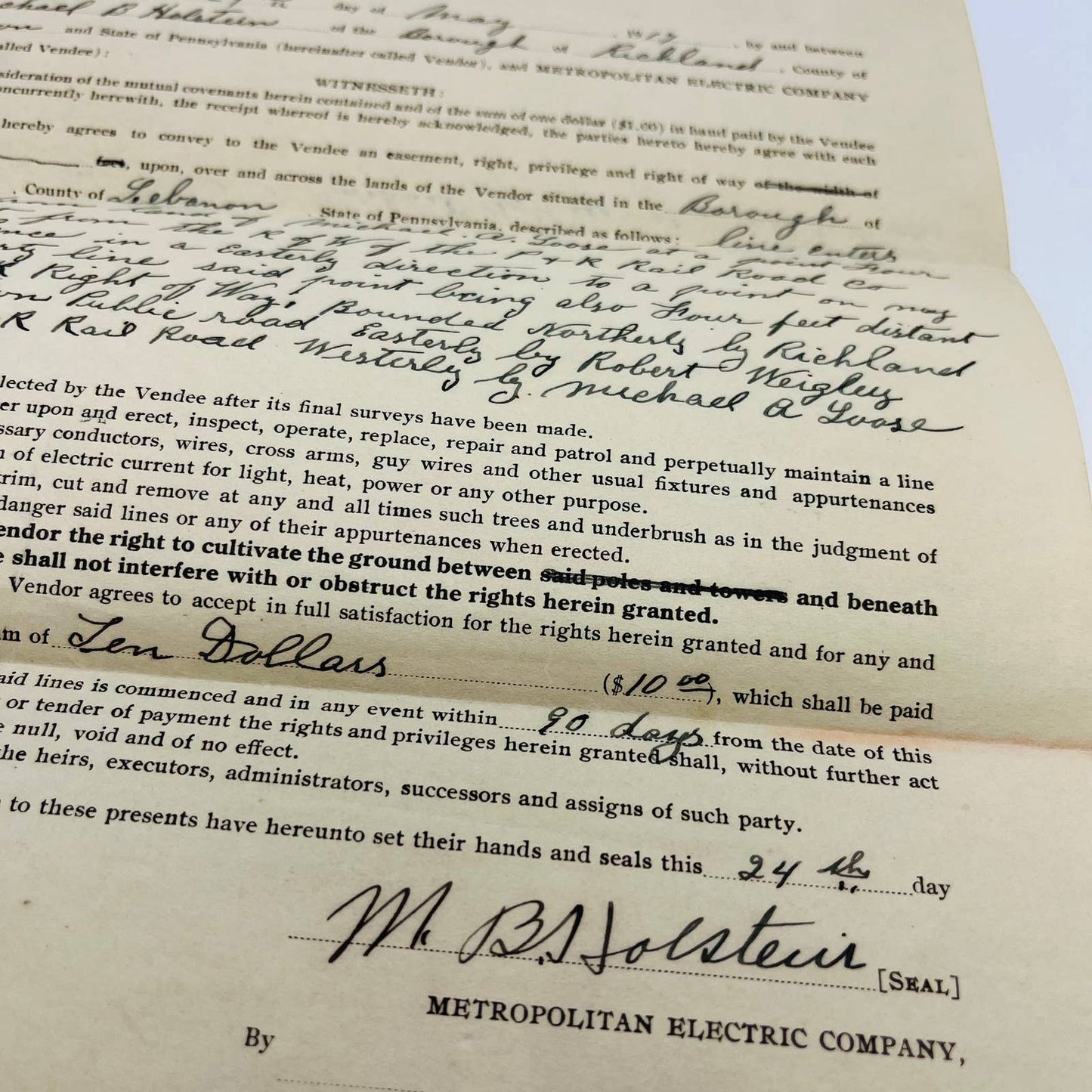 1917 Metropolitan Electric Company Contract Lebanon PA SC2