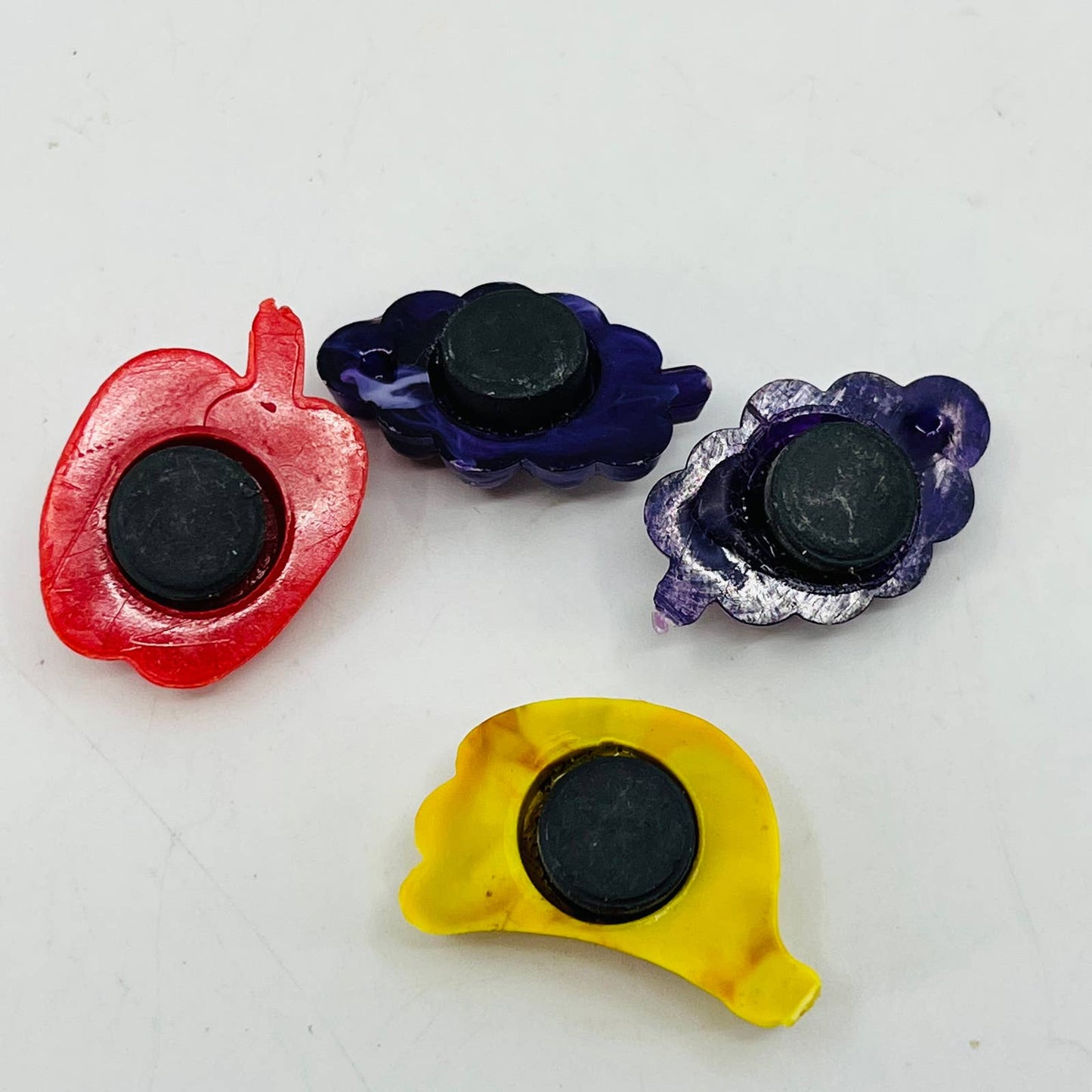 Vintage Lot of 4 Miniature Celluloid Fruit Grapes Banana Apple Magnets 1” SB1