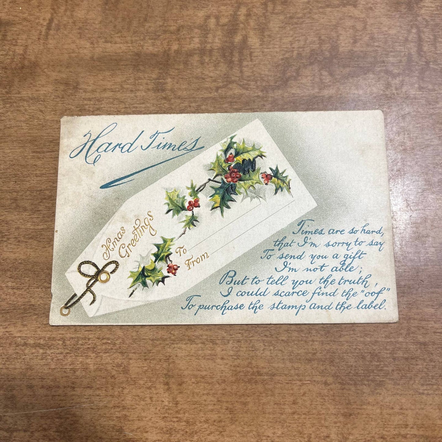c1910 Embossed Holly Hard Times BB London X101 Christmas Greetings Postcard PA2