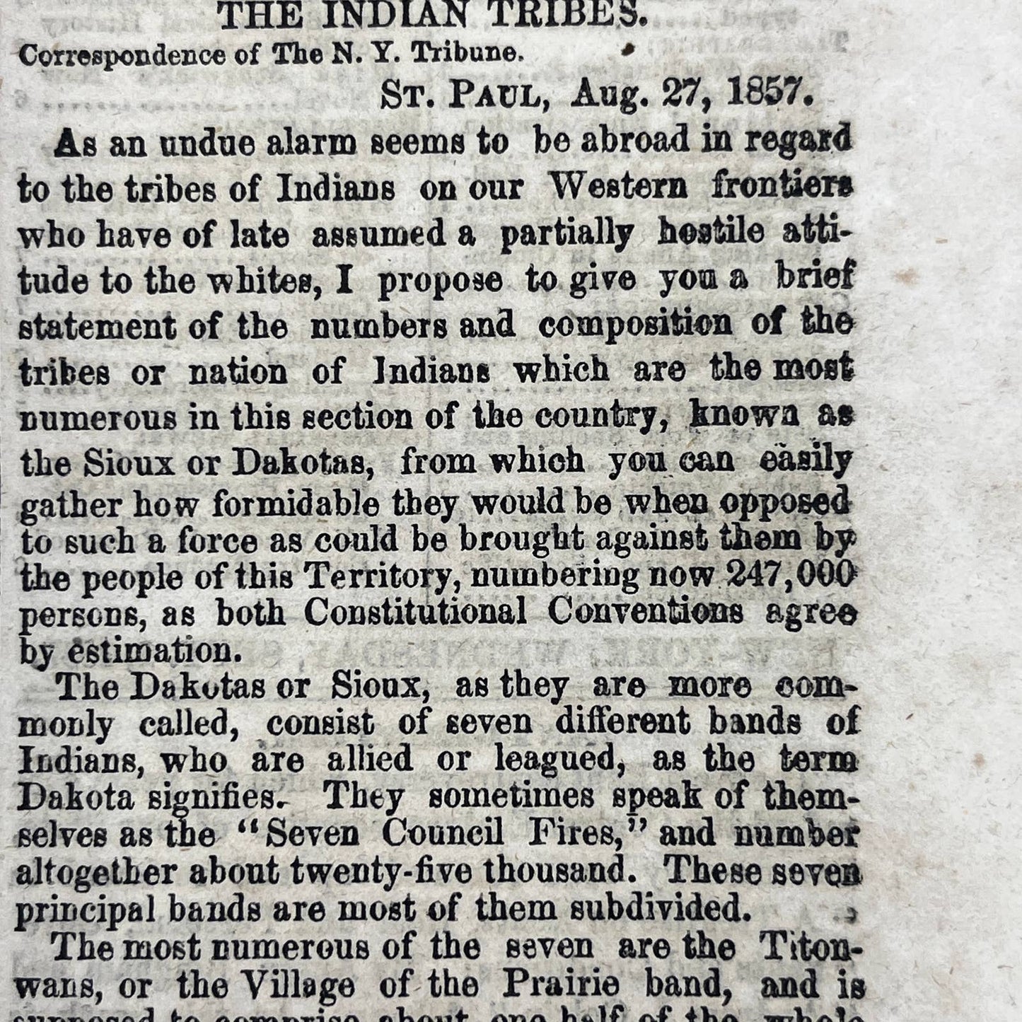 1857 Sep 5 Original New York Tribune - Dakota & Sioux Relations New MN Govt FL4