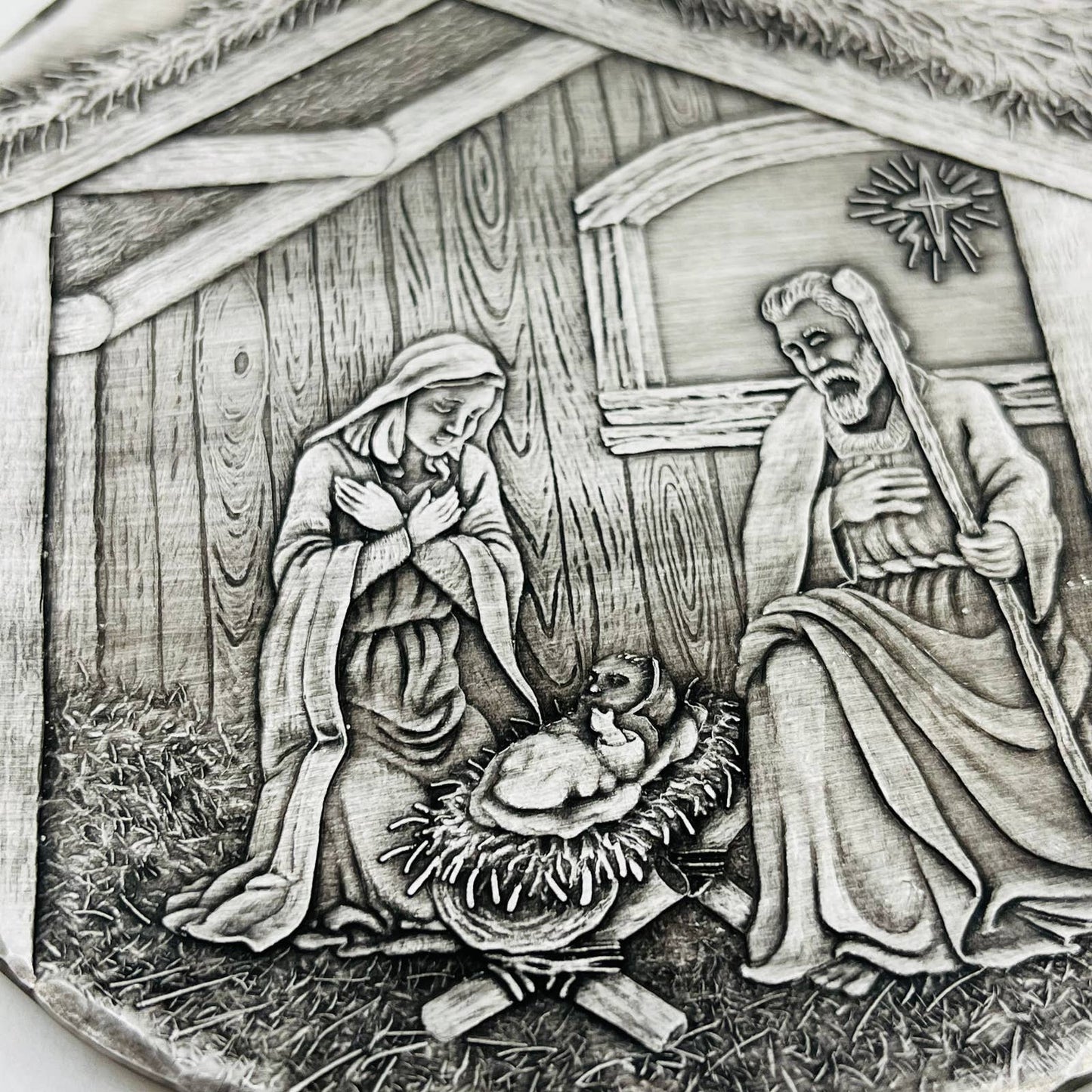 Pewter Christmas Nativity Scene Plate American Forging Hand Forged 4 1/2” TD4