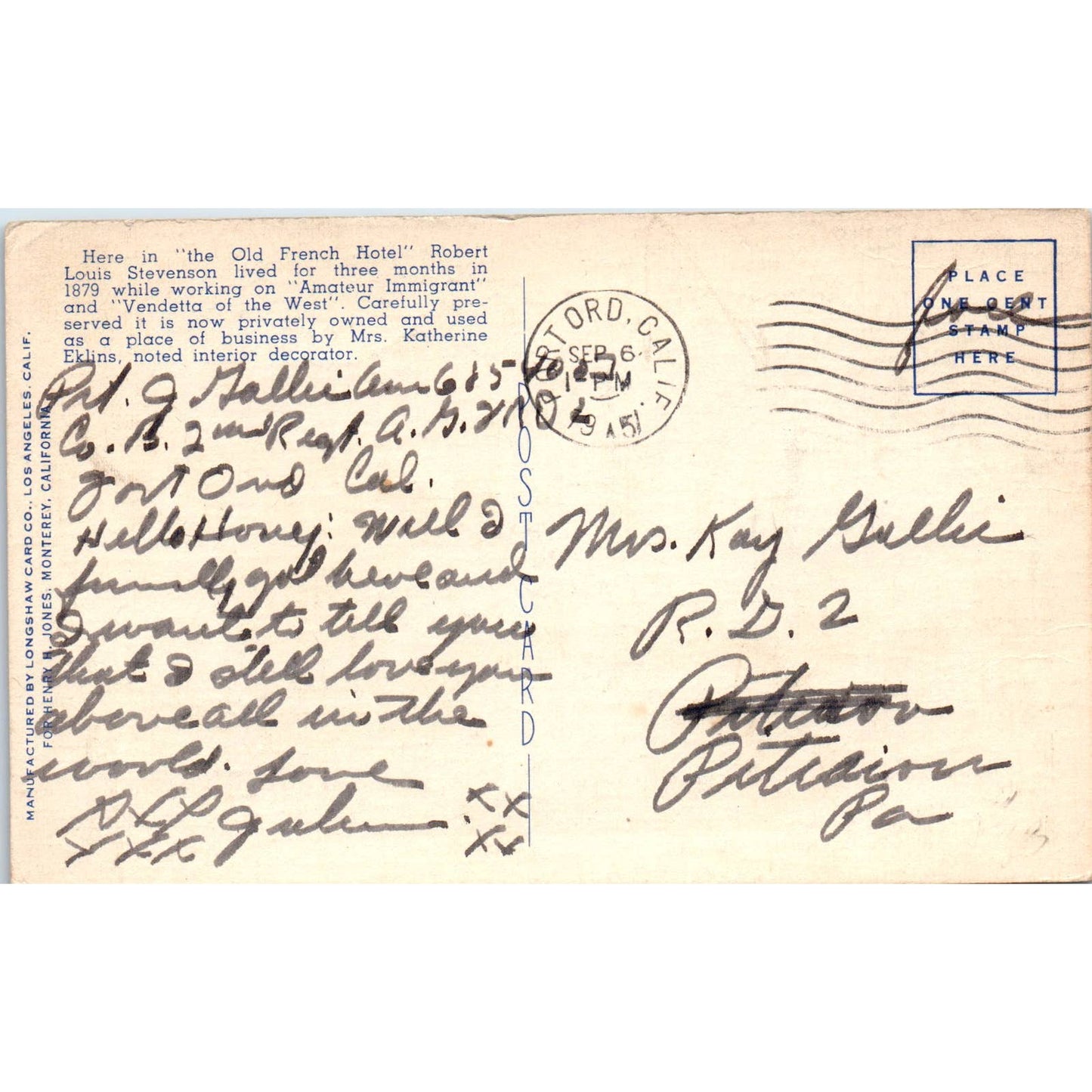 Robert Louis Stevenson House Monterey CA 1951 - Original Postcard TJ7-RP3
