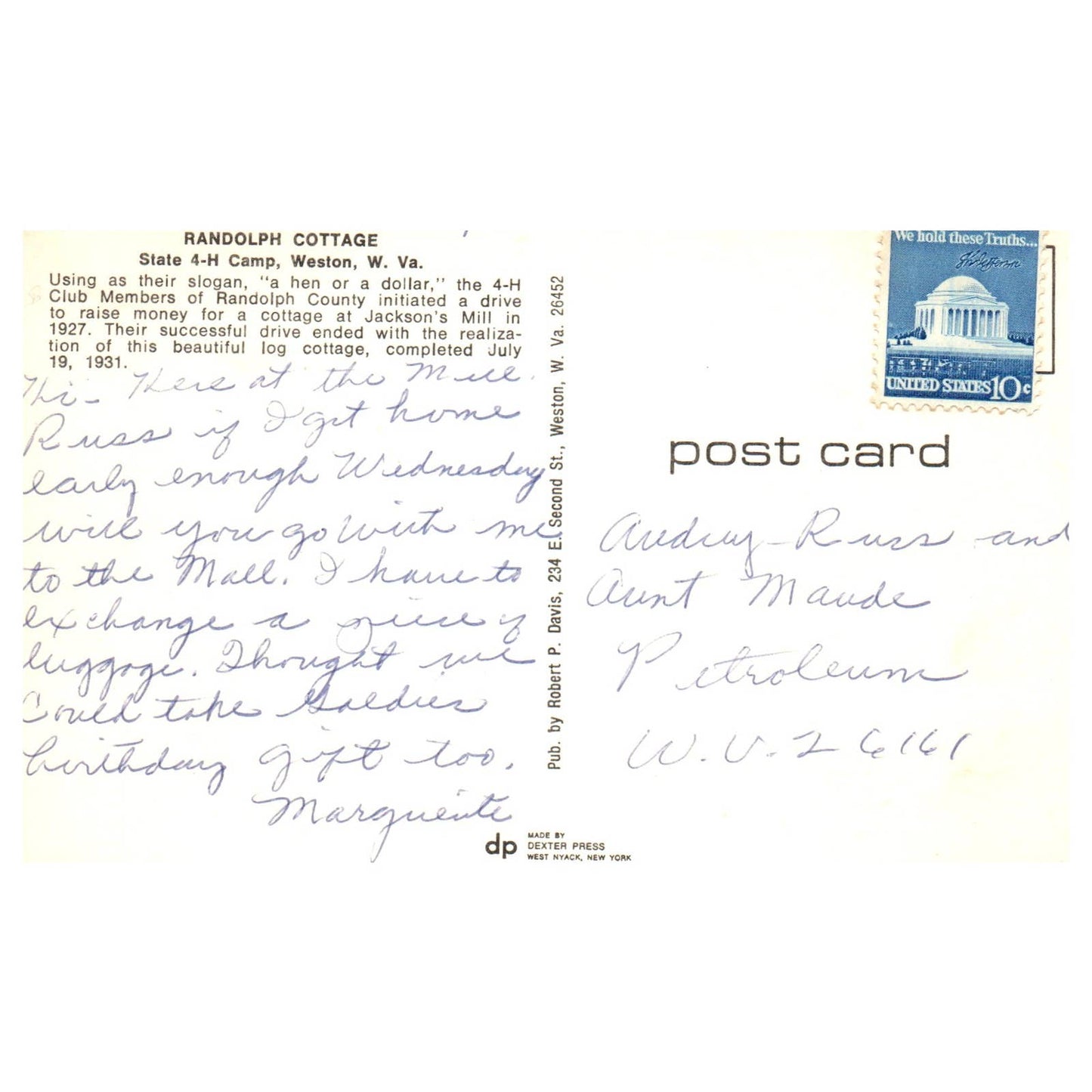 Vintage Postcard - Randolph Cottage State 4-H Camp Weston West Virginia 1979 AD9