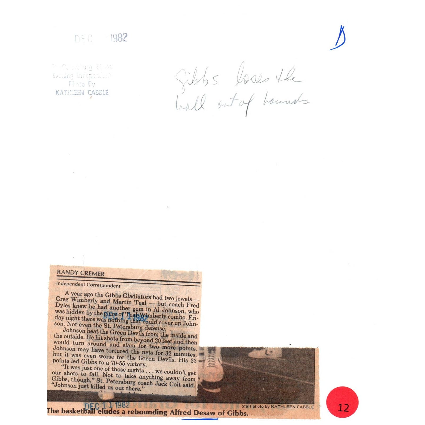 1982 Press Photo Basketball Gibbs Gladiators Alfred Desaw 8x10" AD3