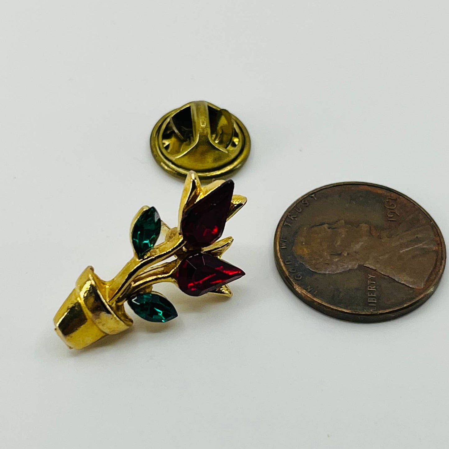 Vintage Potted Flower Tulip Red & Green Rhinestone Gold Tone Brooch SB2