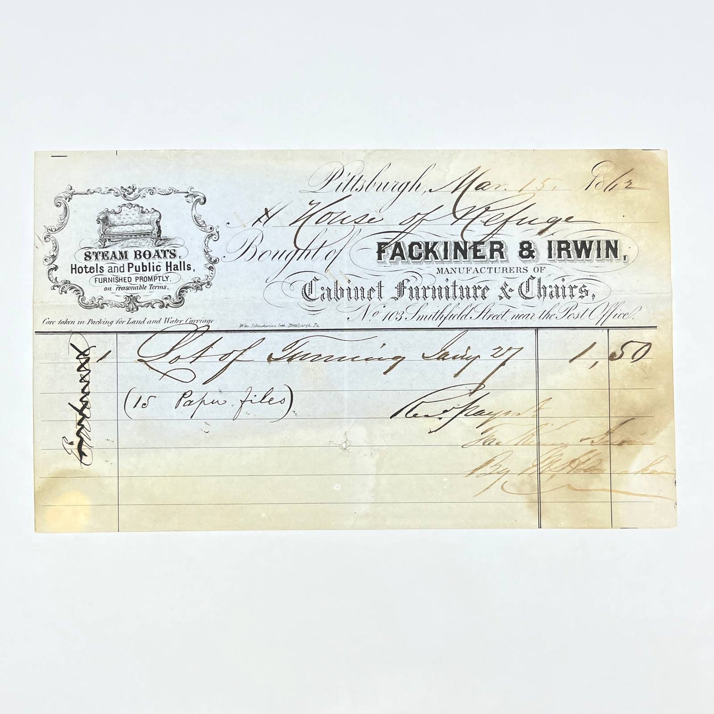 1862 Civil War Era Letterhead Fackiner & Irwin Furniture Pittsburgh PA AC2