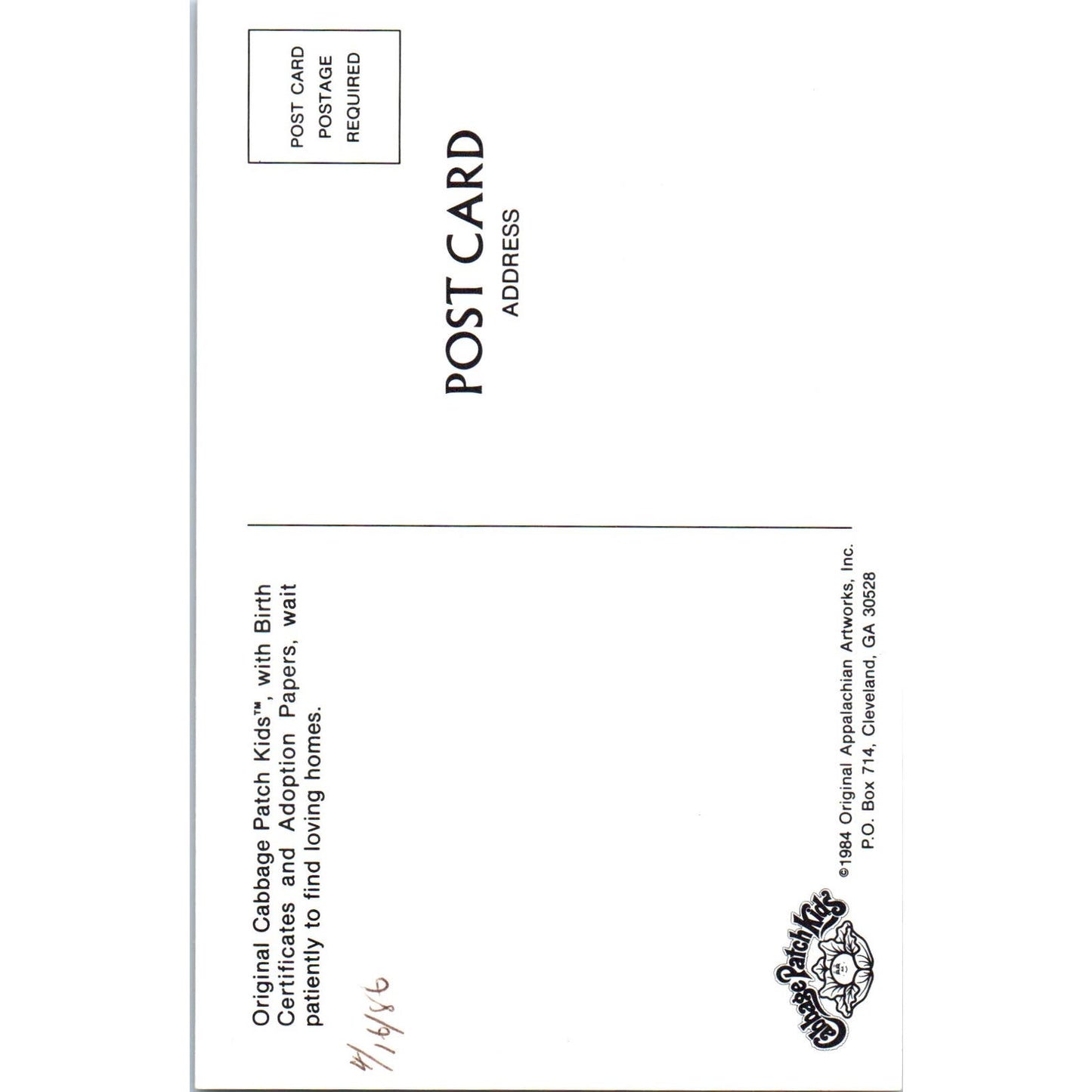 Original Cabbage Patch Kids 1984 Original Postcard PB9