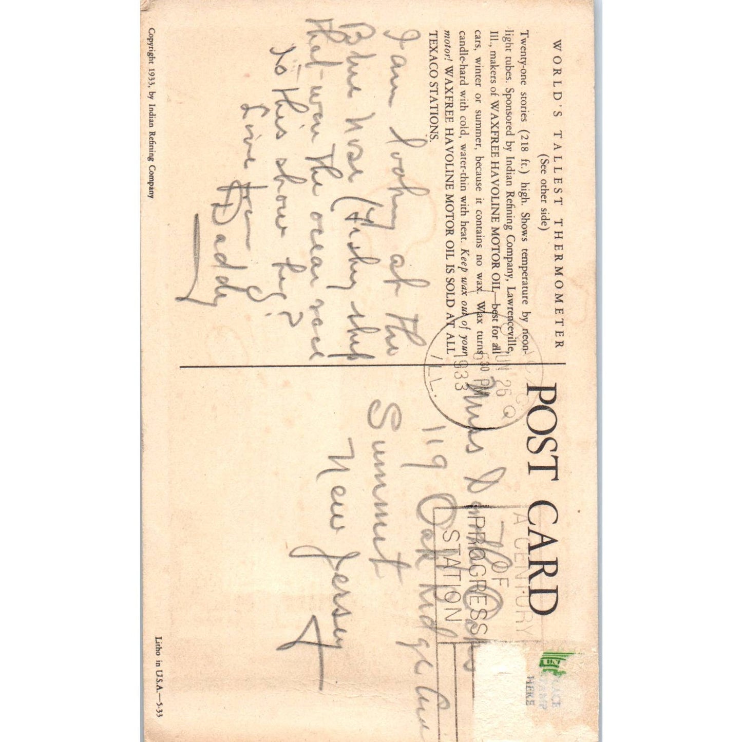 Havoline Thermometer 1933 Chicago World's Fair - Original Postcard TJ9-P1