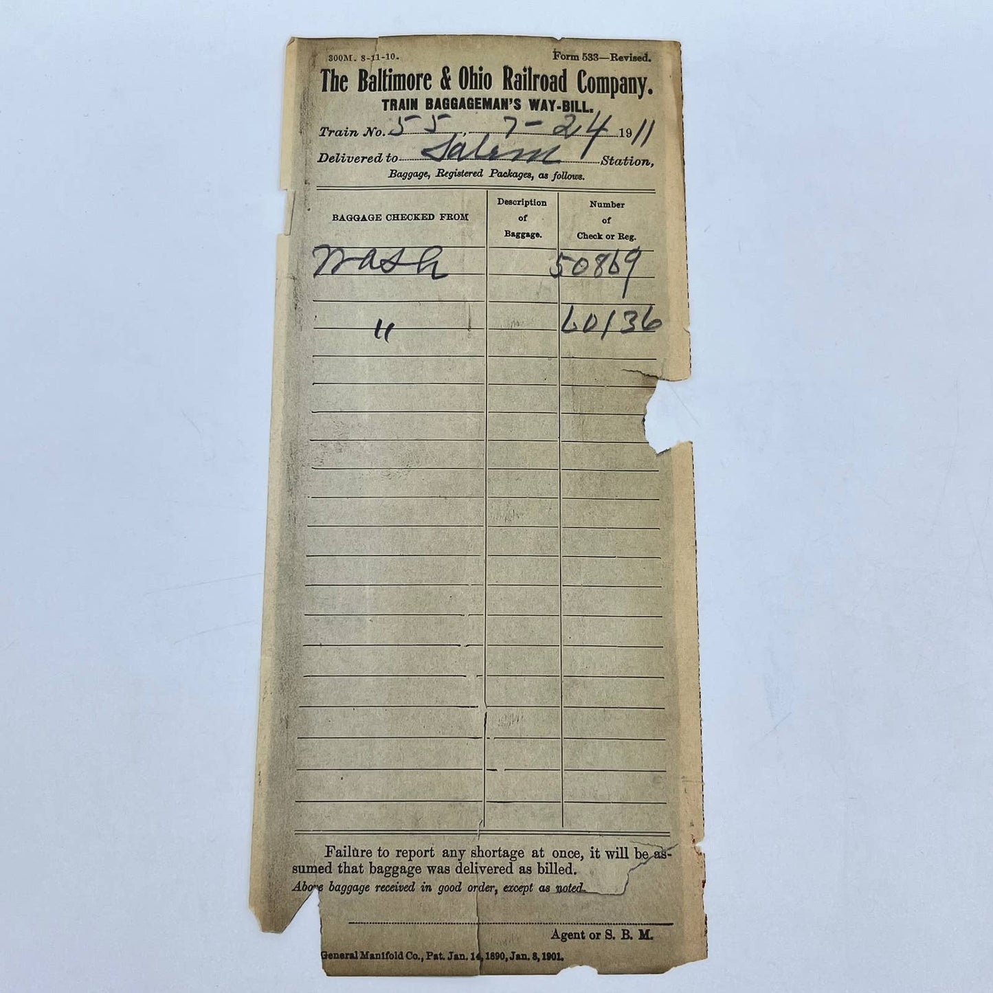 1911 B&O Railroad RR Train Baggageman’s Way-Bill Salem Station AB2