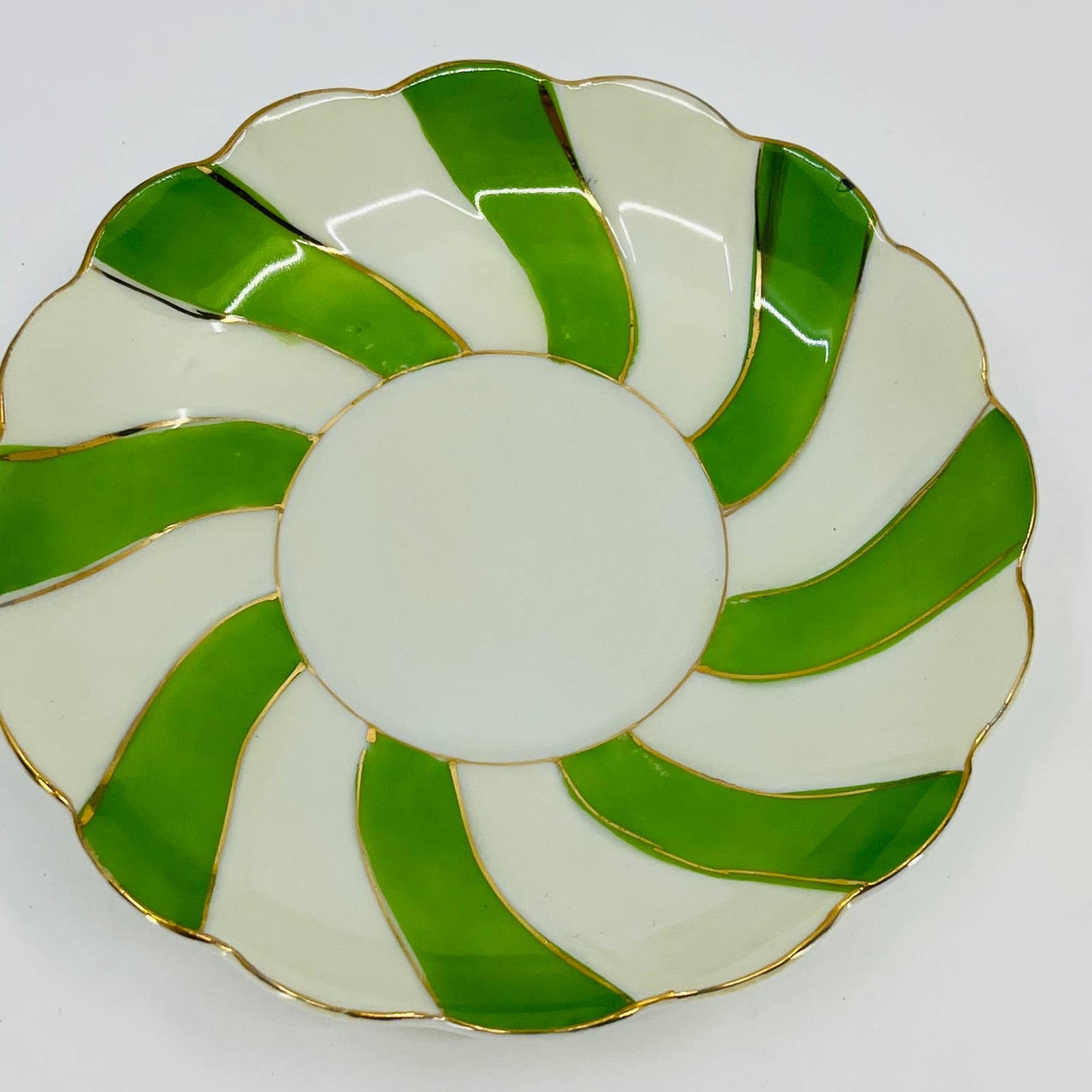 Midcentury Japan Footed Cup and Saucer Green Candy Stripe Swirl Gilt TD9