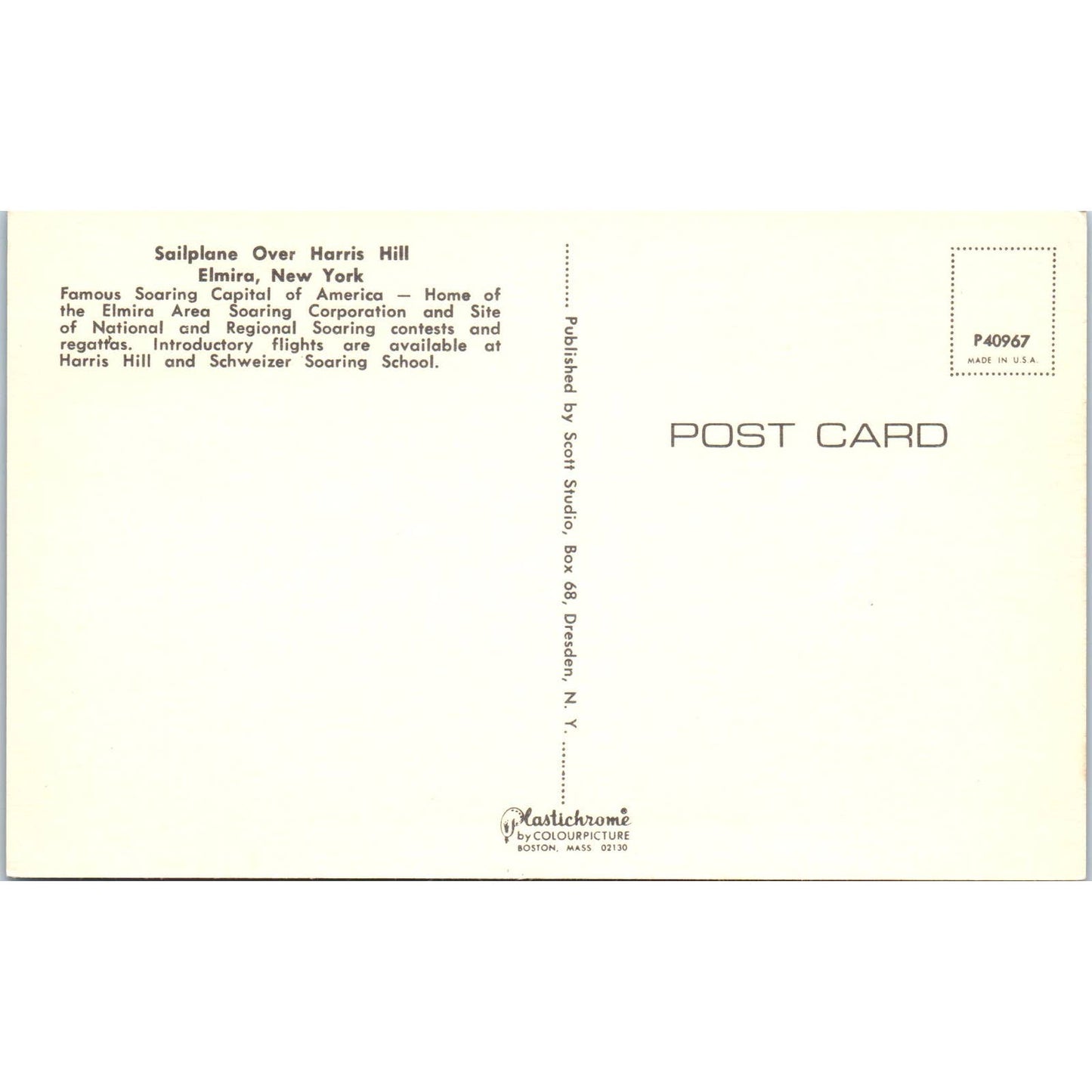 Sailplane Over Harris Hill Elmira NY - Original Postcard TJ9-P1