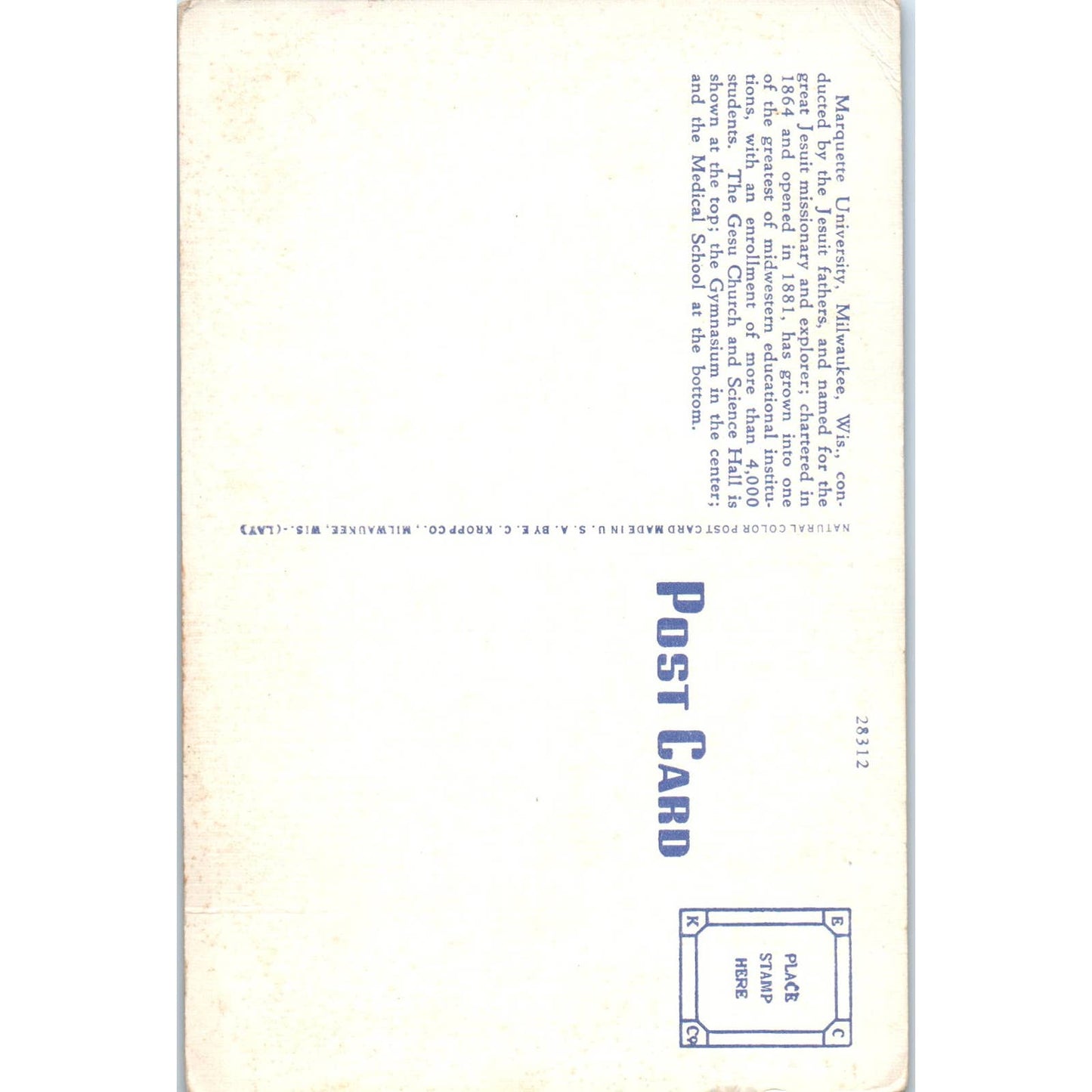 Marquette University Milwaukee Wisconsin Original Postcard TJ9-P3