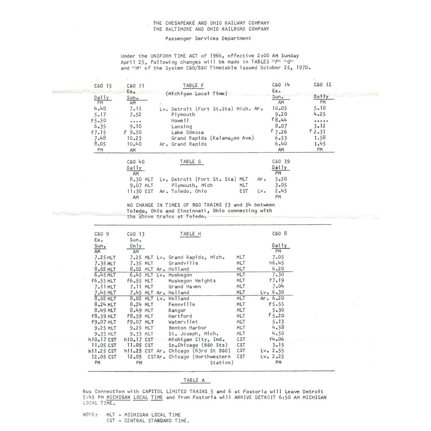 1970 C&O/B&O Railroad Passenger Services Timetable SE4