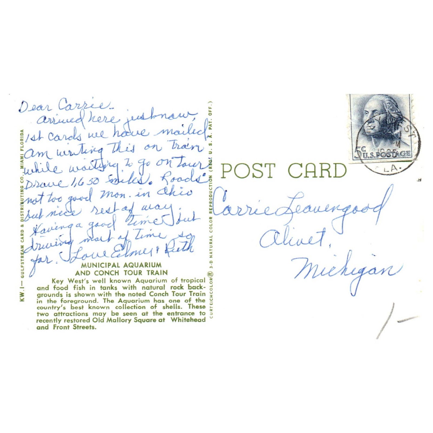 Vintage Postcard - Municipal Aquarium and Conch Tour Train Key West Florida AD9