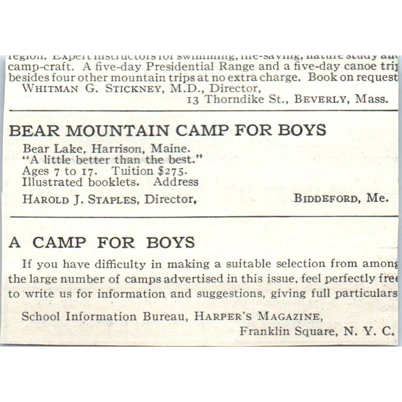 c1920 Harper's Magazine Ad - Camp Mishike W.E. Sanderson Winchester WI EA3-2