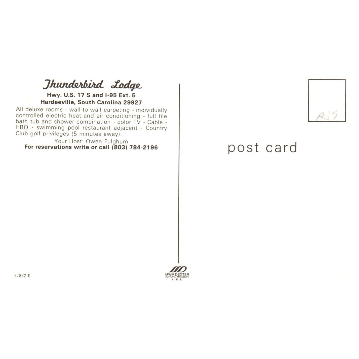 Vintage Postcard - Thunderbird lodge Hardeeville South Carolina P4-6