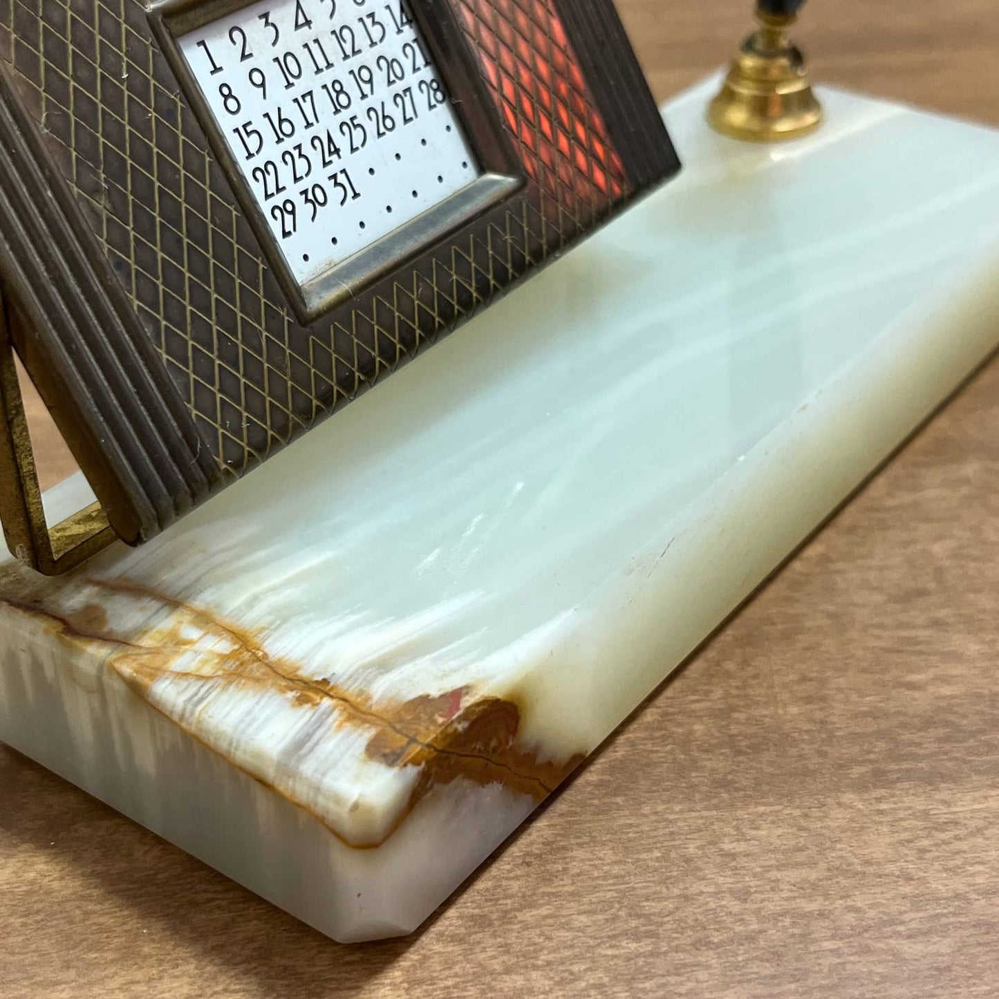 1952 Art Deco 50 Year Calendar Fountain Pen Holder Brass Desktop Marble Onyx TG5