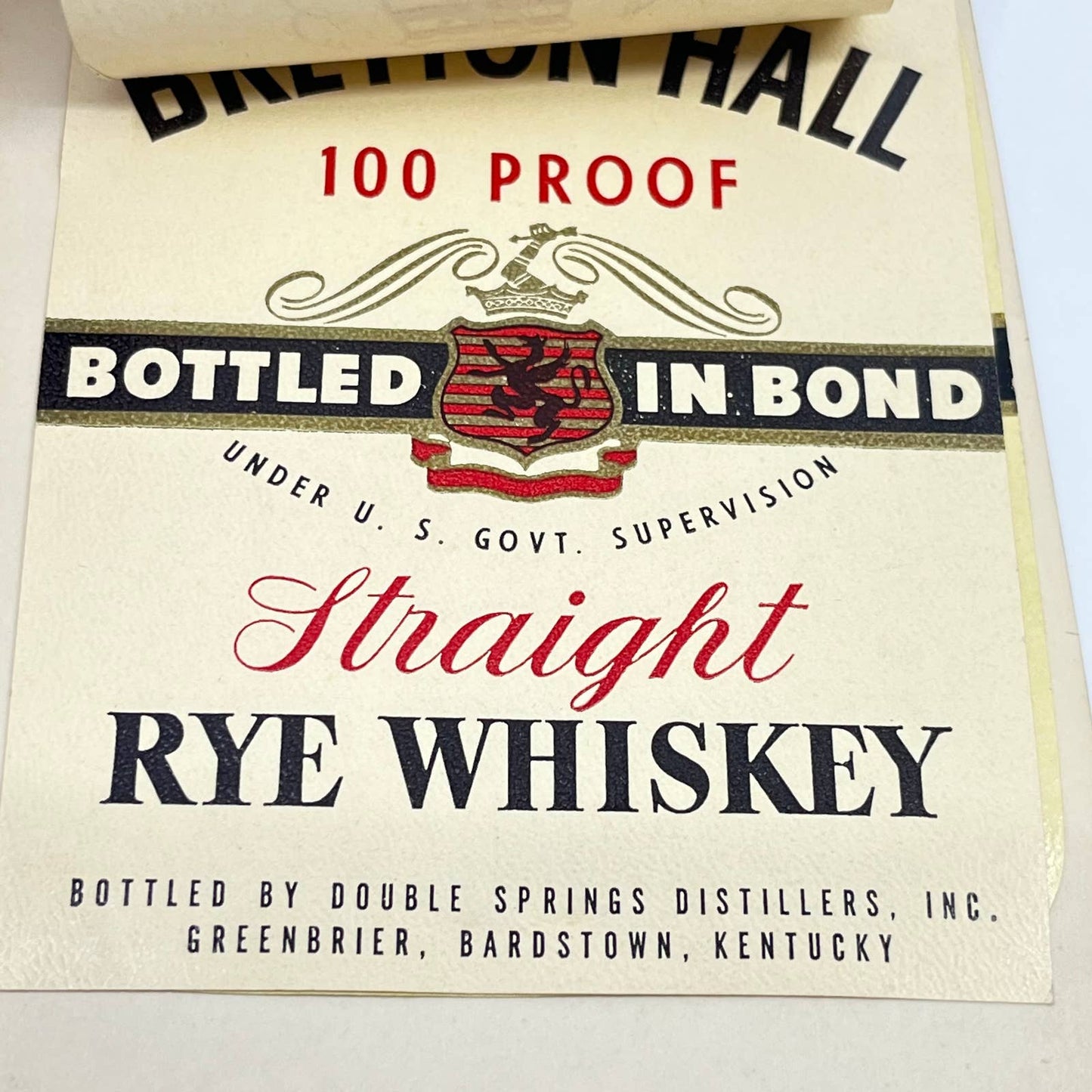 Bretton Hall Rye Whiskey Label Set of 2 Double Springs Distillers Greenbriar KY