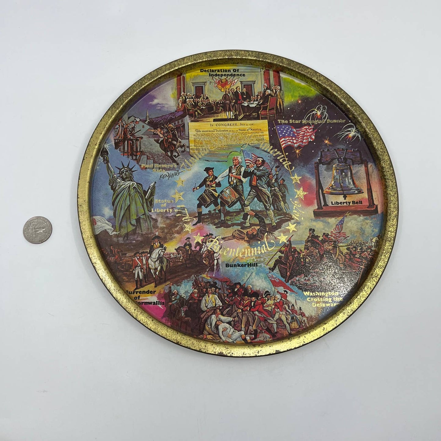 Vintage Black & Gold Metal State Souvenir Plate Tray US Bicentennial 11” TH2-2