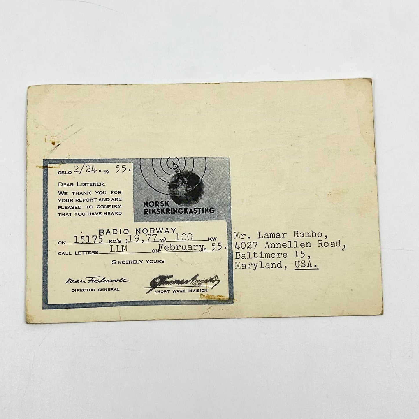 1955 QSL Radio Card LLM Oslo Norway Lamar Rambo SC6