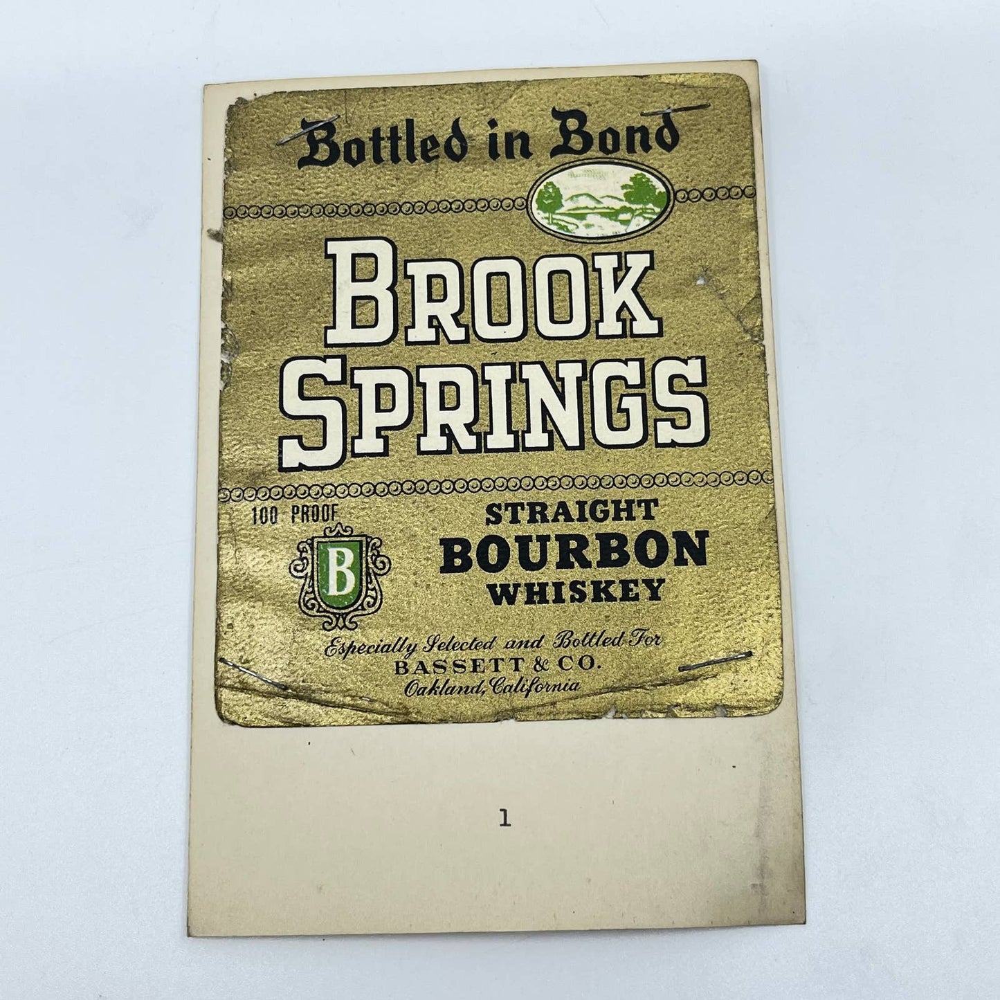 Brook Springs Bourbon Whiskey Label Bassett & Co. Oakland CA