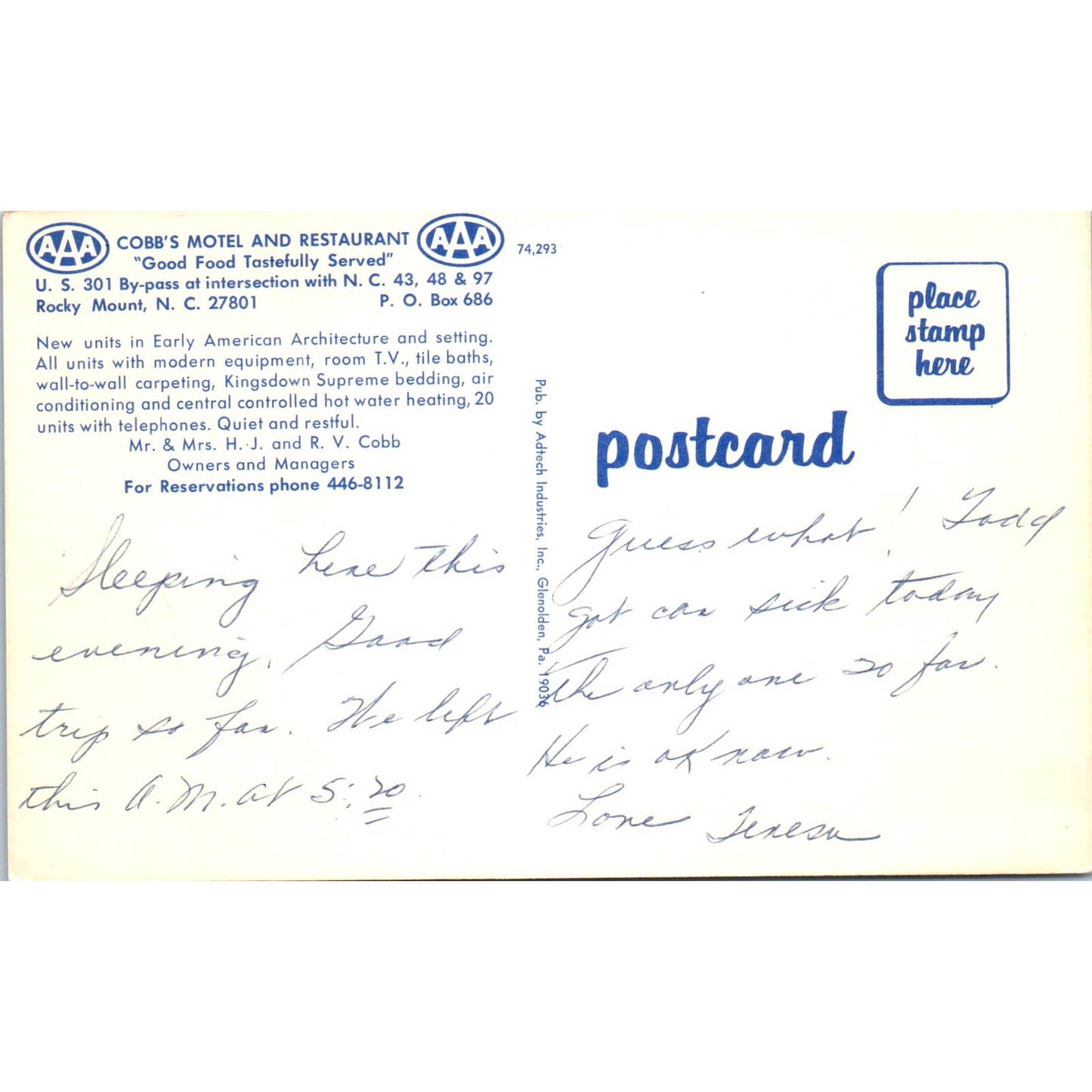 Cobb's Motel & Restaurant Rocky Mount NC HJ & RV Cobb Original Postcard TK1-P1