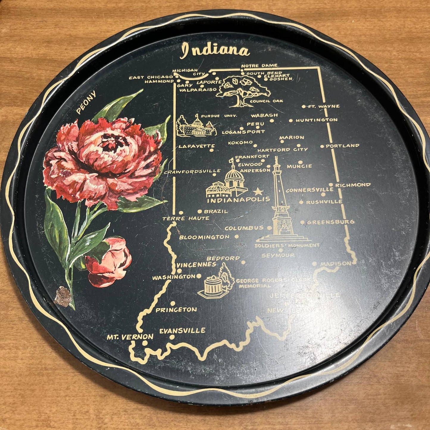Vintage Black & Gold Metal State Souvenir Plate Tray Early Indiana 11” TG7