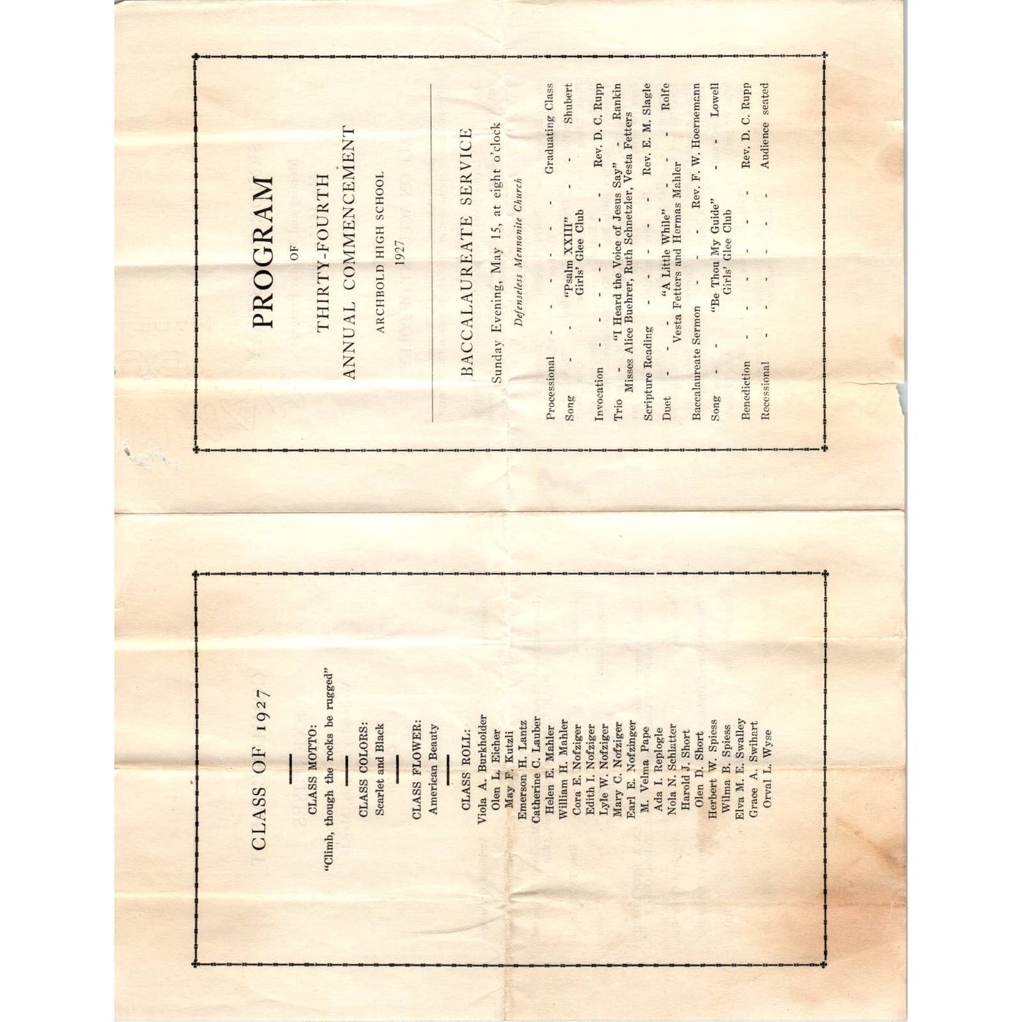 1927 Original Archbold High School 34th Annual Commencement Program AD8