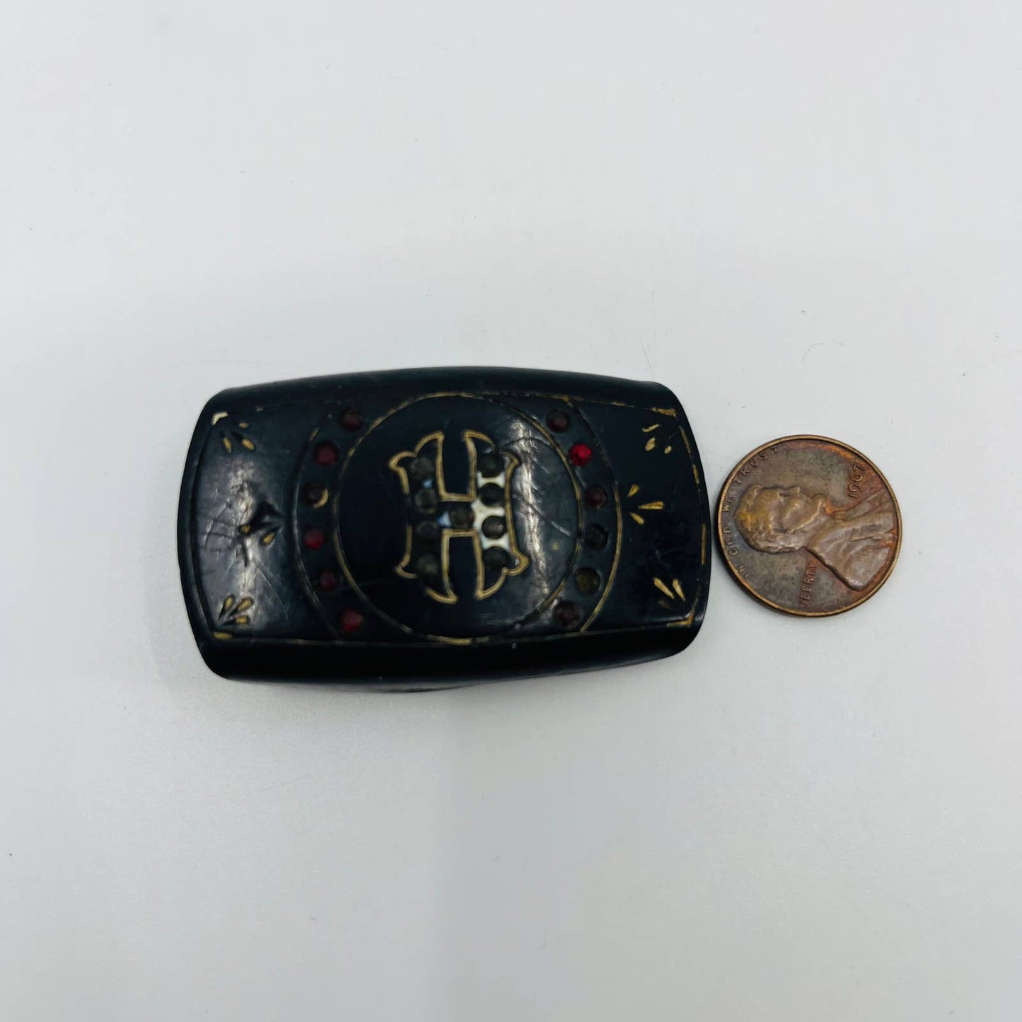 Vintage Bakelite Rhinestone Monogrammed “H” Belt Buckle 2” SB3