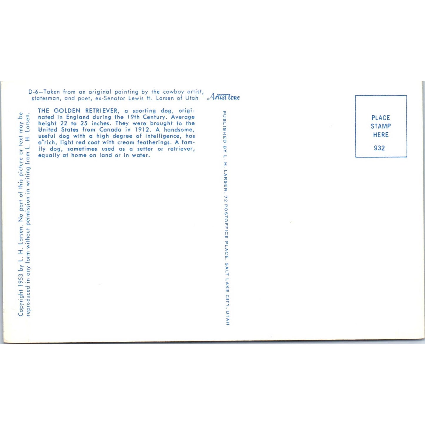 Lewis H. Larsen 1953 Golden Retriever Dog Painting Original Postcard TK1-27-2