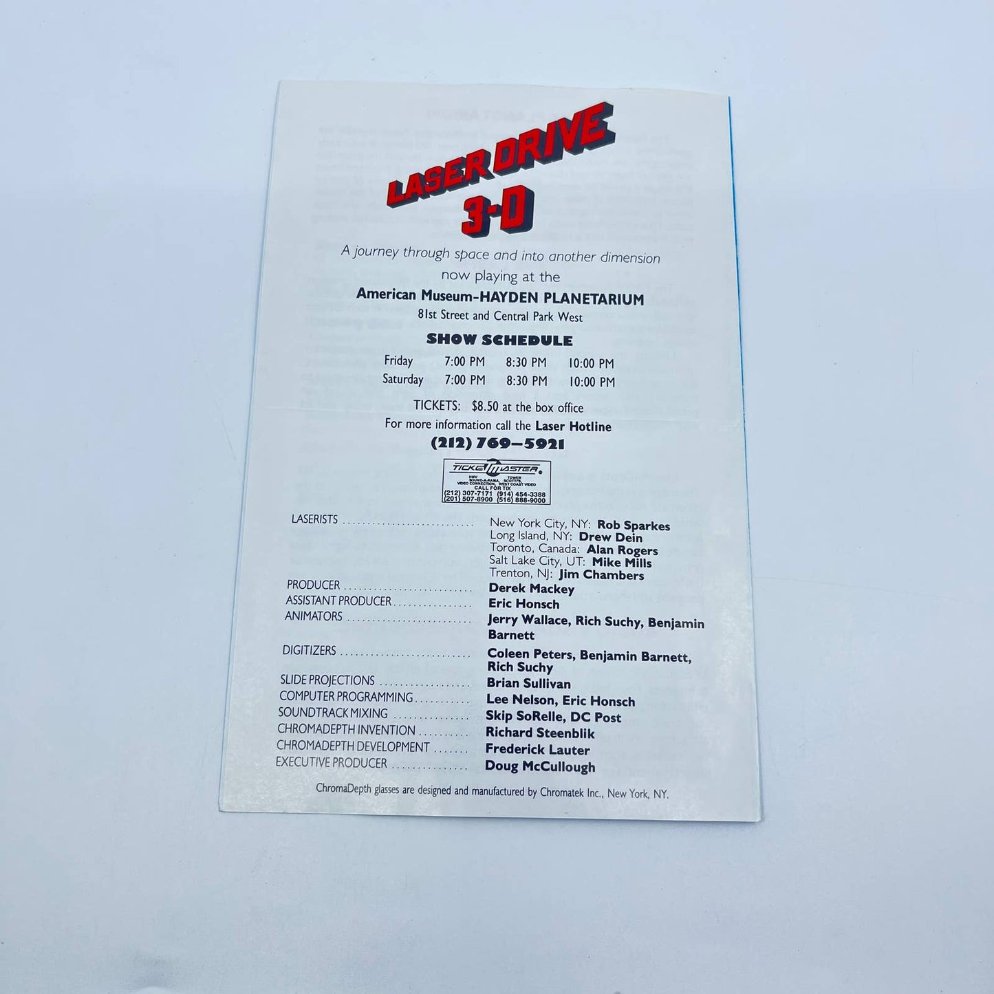 1989 Laser Drive 3-D Program & Glasses Hayden Planetarium NYC New York D7