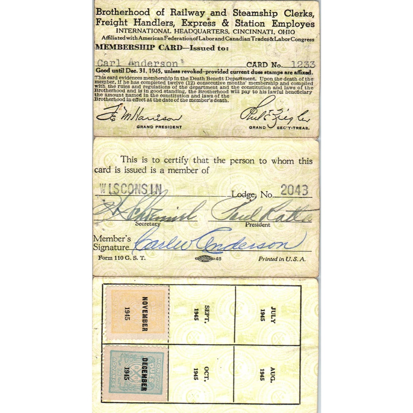 1945 Brotherhood of Railway, Airline and Steamship Clerks Membership Card SE5