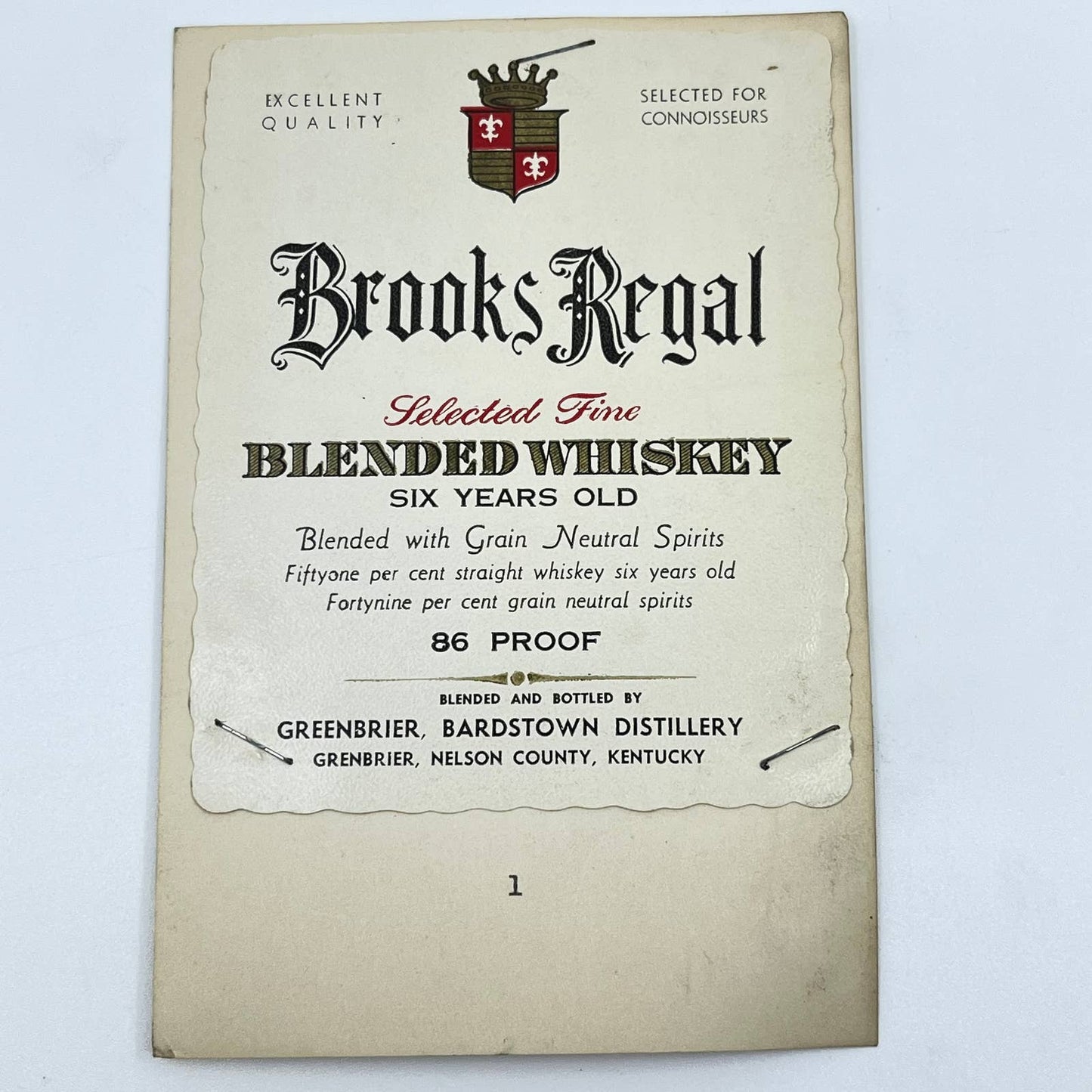 Brooks Regal Whiskey Label Greenbriar Bardstown Distillery KY
