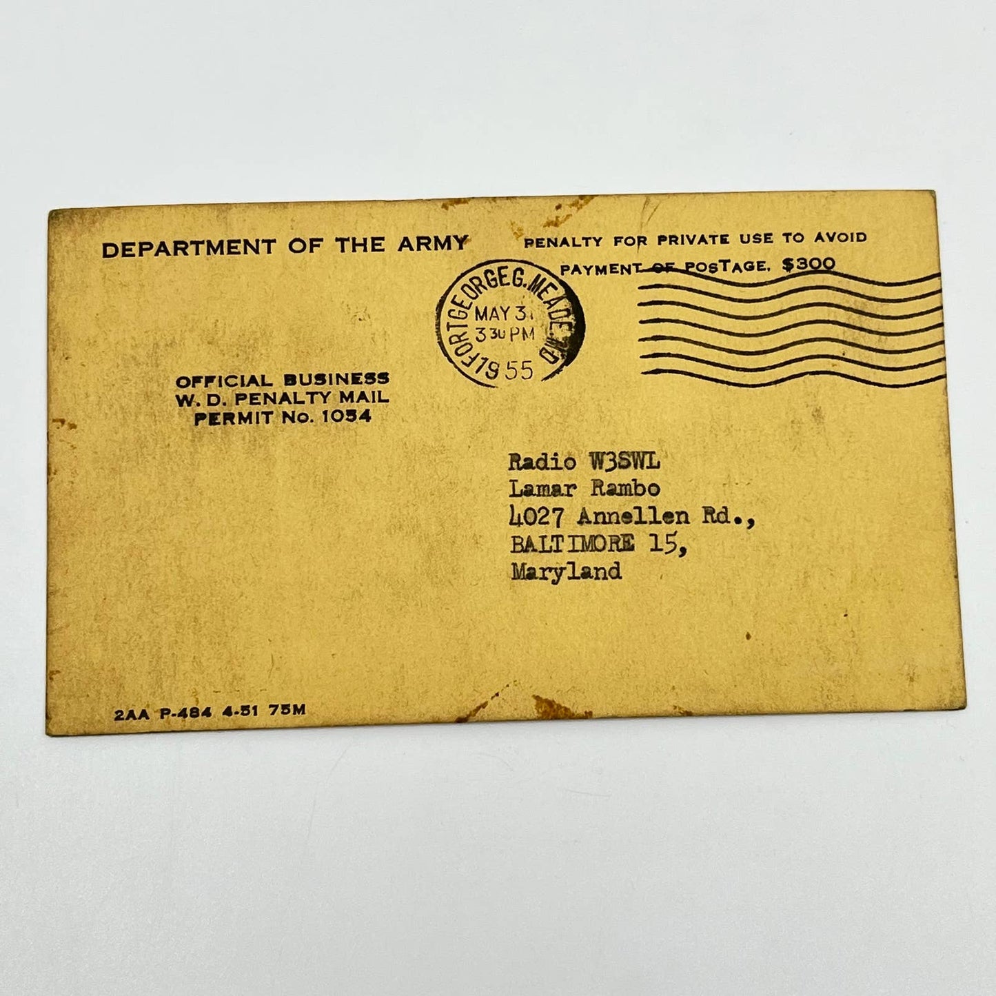 1955 QSL Radio Card W3USA Fort George G. Meade Maryland Lamar Rambo SC6