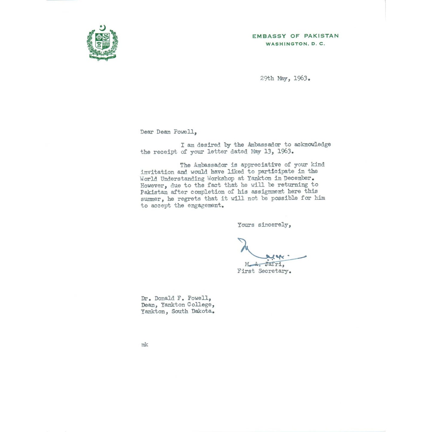 Embassy of Pakistan to US Letterhead Memo M.A. Jafri 5/29/63 TK1-P9