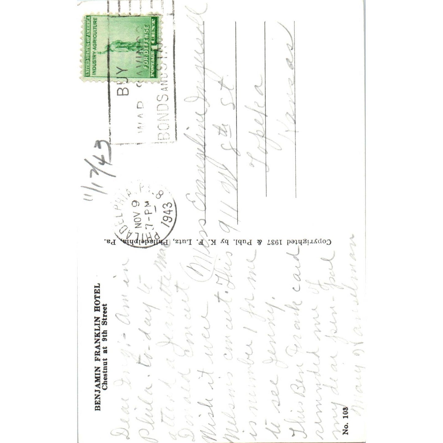 Vintage Postcard Chestnut Street & Benjamin Franklin Hotel Philadelphia PA TI1-1