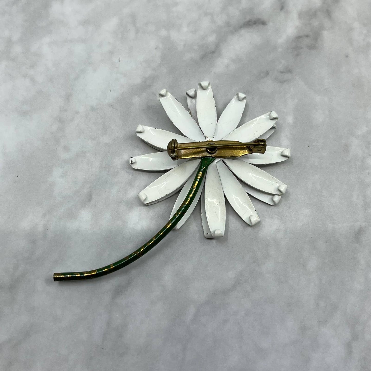 1960s Retro Enamel Daisy Flower Brooch Pin Green White Polka Dots Stem SE6