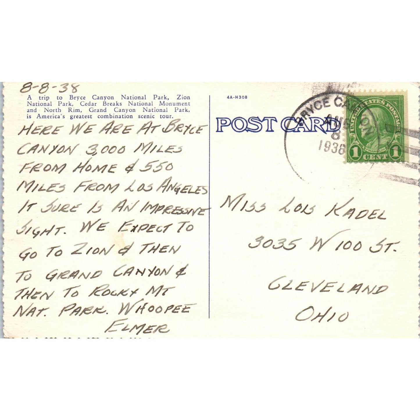 The Cathedral Bryce Canyon National Park Utah 1938 Original Postcard TJ9-P2