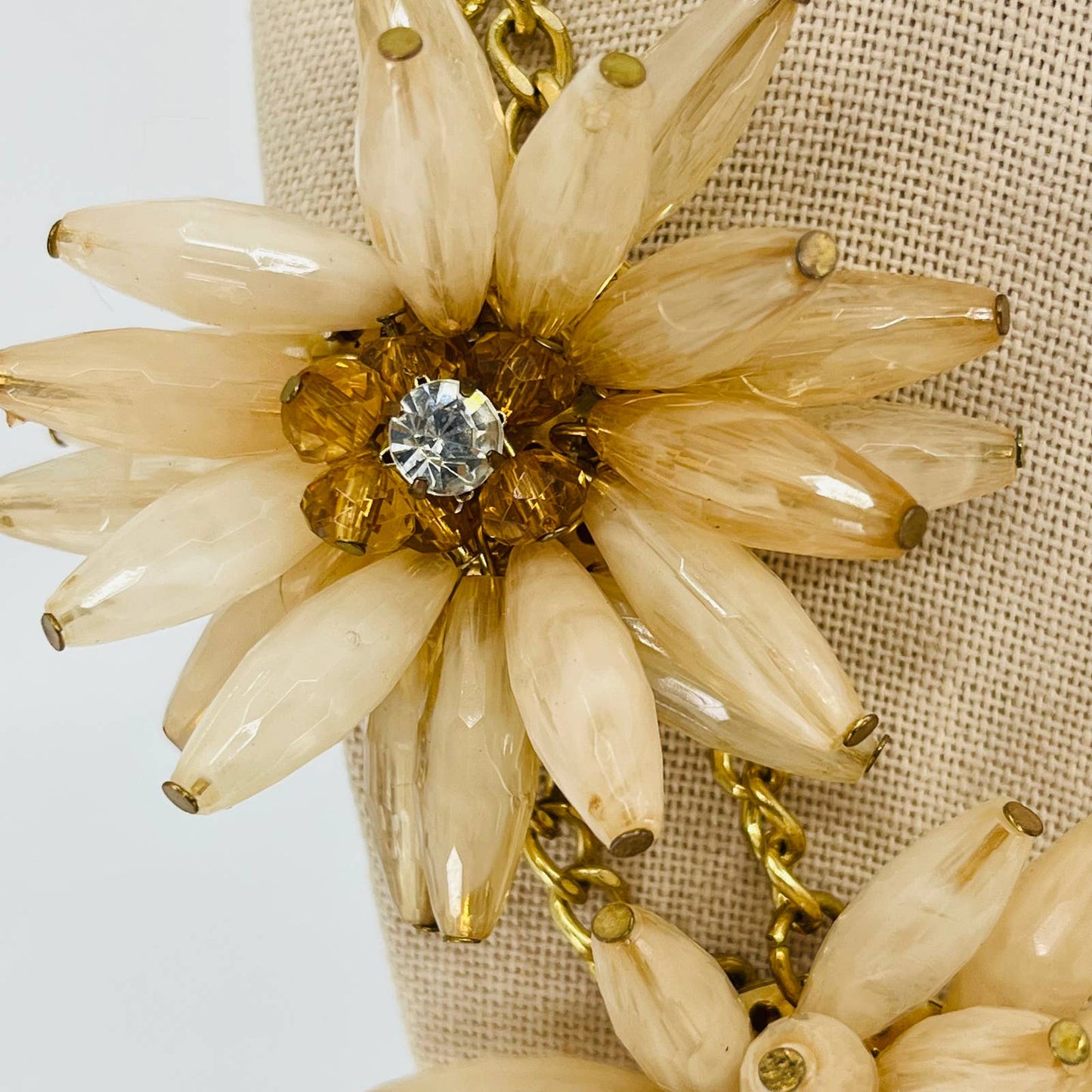 Vintage Cream Lucite Flower Layered Petals Crystal Beads Statement Necklace SB2