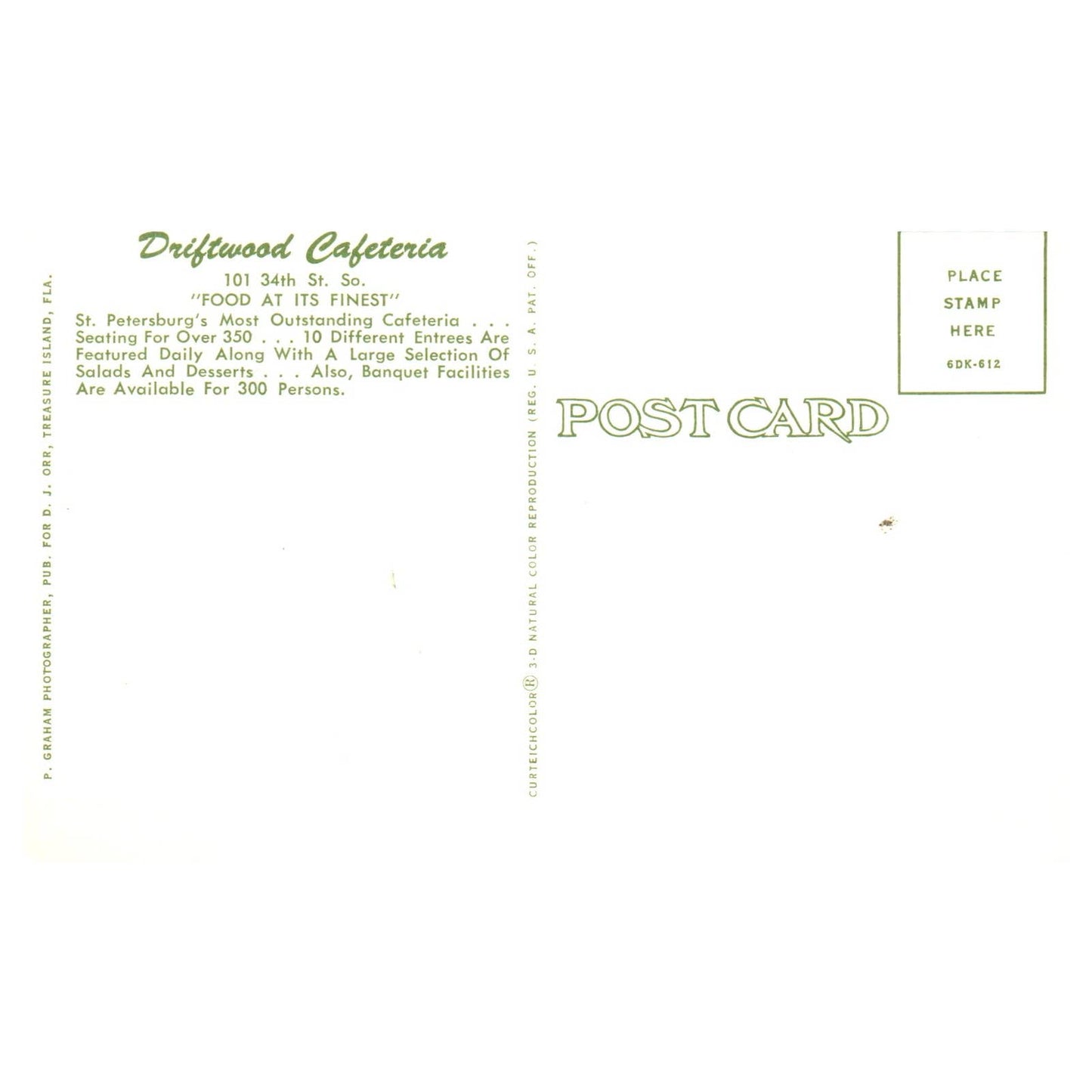 Vtg Postcard Driftwood Cafeteria St. Petersburg FL Dining Room Interior TJ7-1