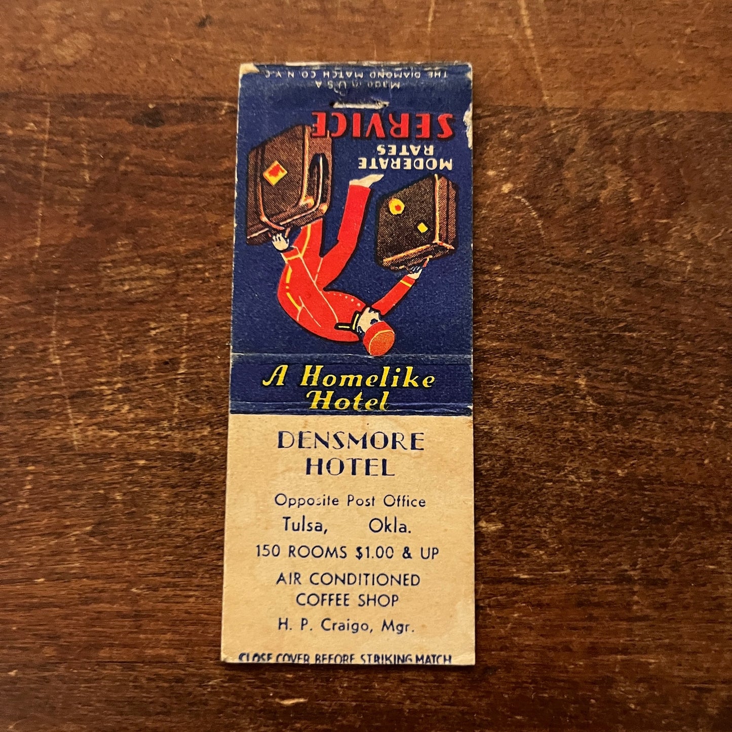 Densmore Hotel H.P. Craigo Tulsa OK Advertising Matchbook Cover MM11-8