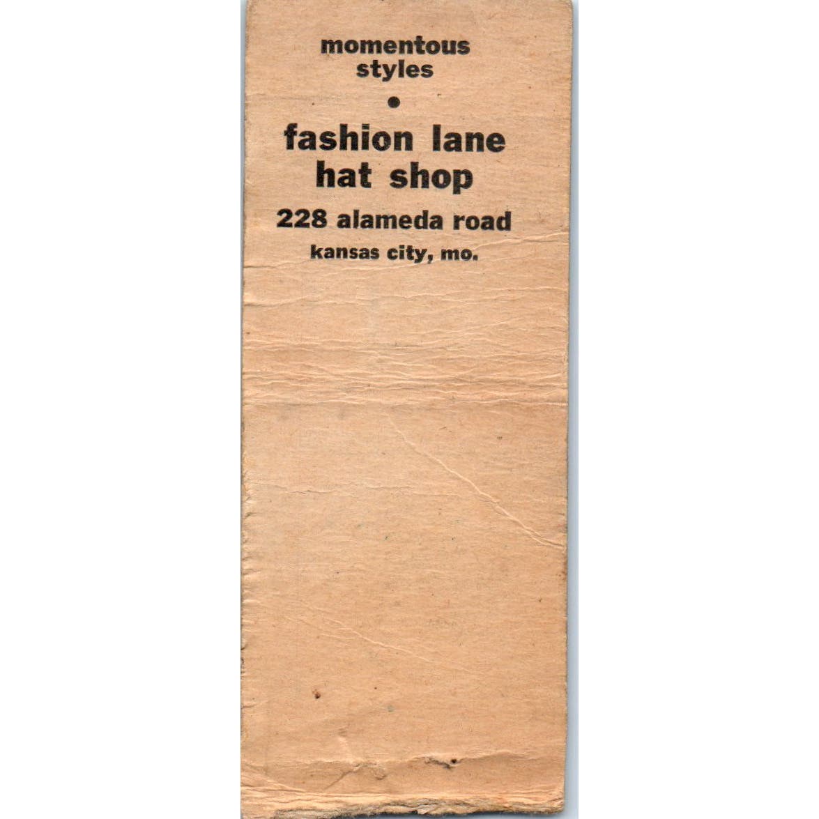 Fashion Lane Hat Shop Kansas City MO Advertising Matchbook Cover SA9-M3