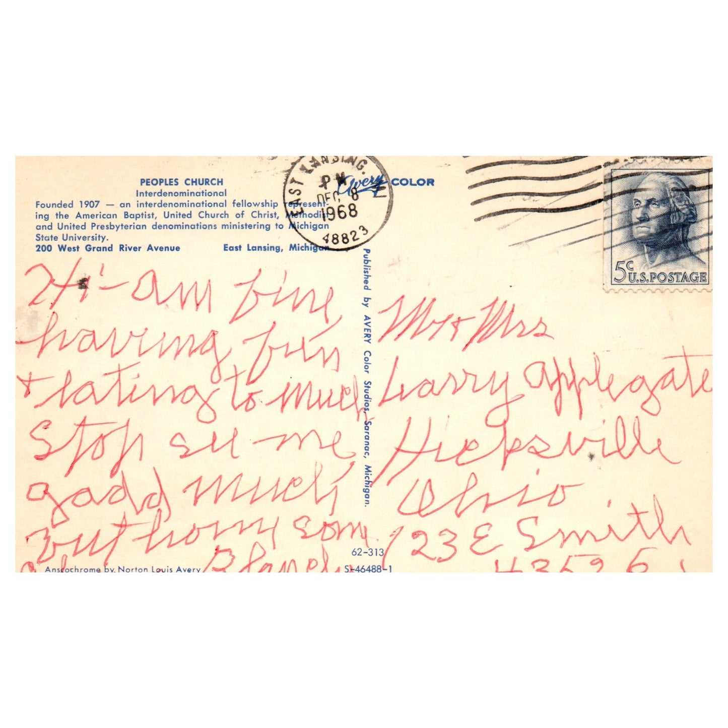 Vintage Postcard - Peoples Church East Lansing Michigan 1968 P4-6