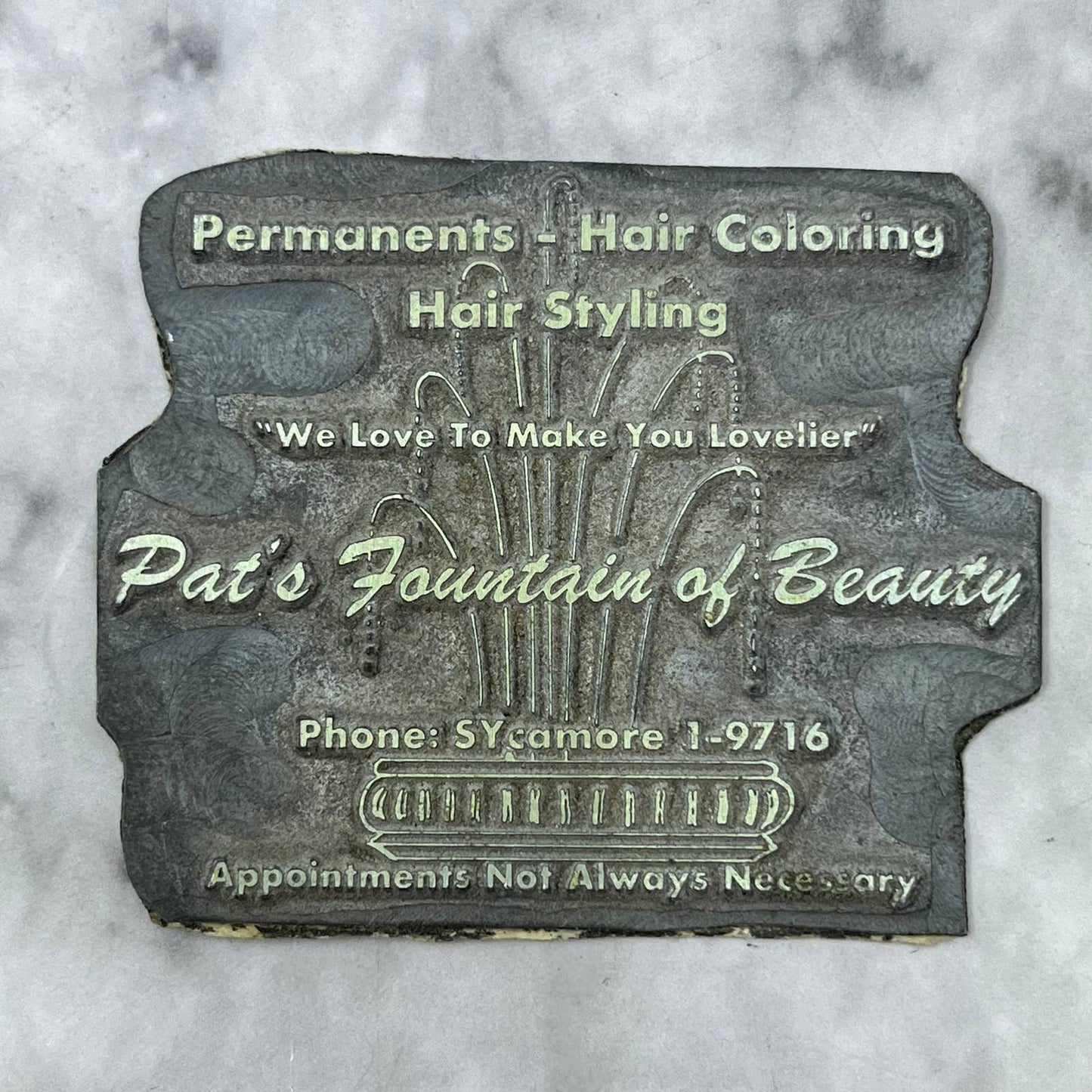 Vintage Printers Block Plate Pat’s Fountain of Beauty Hair Styling TJ515
