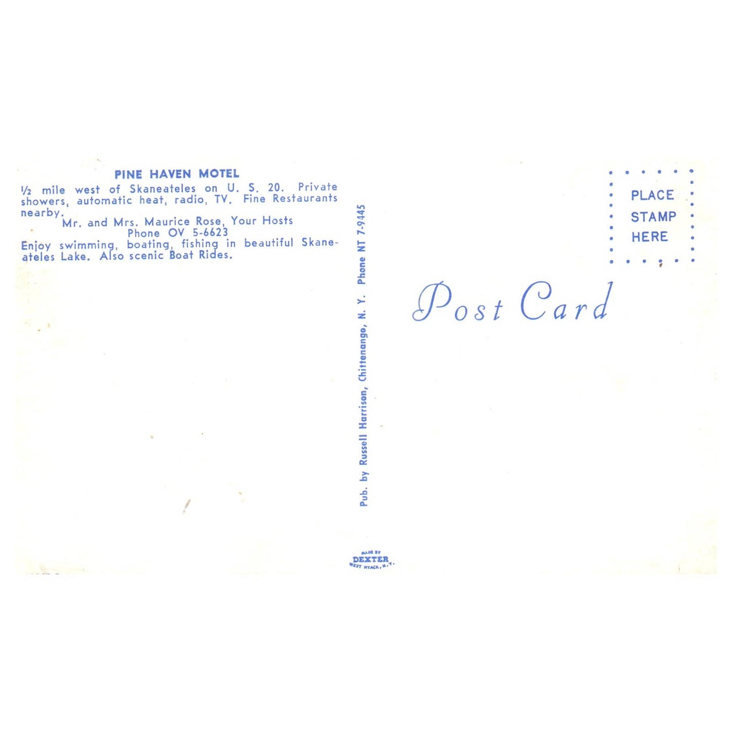 Vintage Postcard - Pine Haven Motel Skaneateles Lake Mr & Mrs Maurice Rose AD9