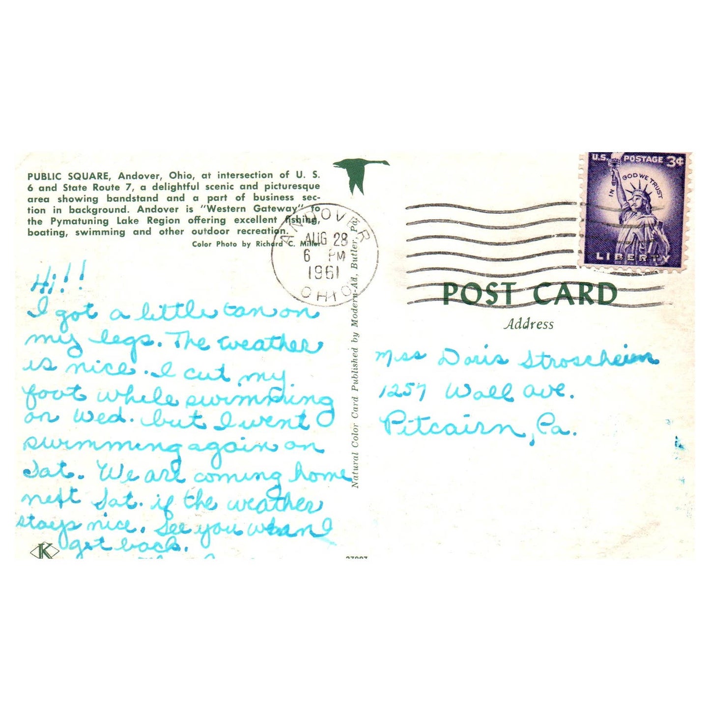 Vintage Postcard - Andover Ohio Public Square Intersection of US 6 & Hwy 5 AD9