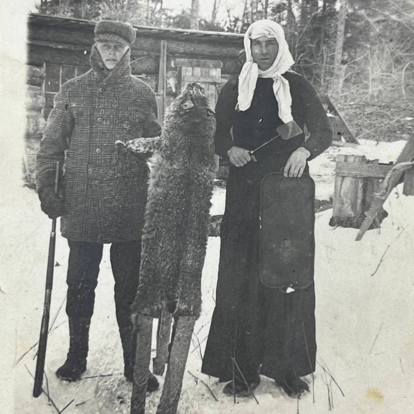 Antique Original Winter Log Cabin Hunting Photo Set of 2 AC2