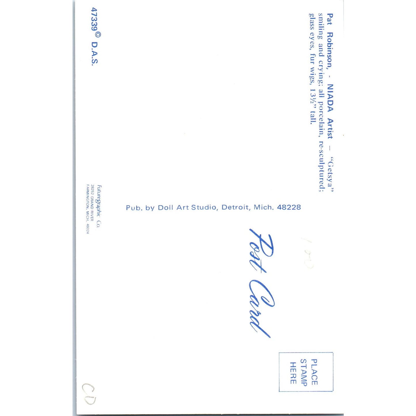 Pat Robinson NIADA Artist Getsya Porcelain Dolls Original Postcard PB9