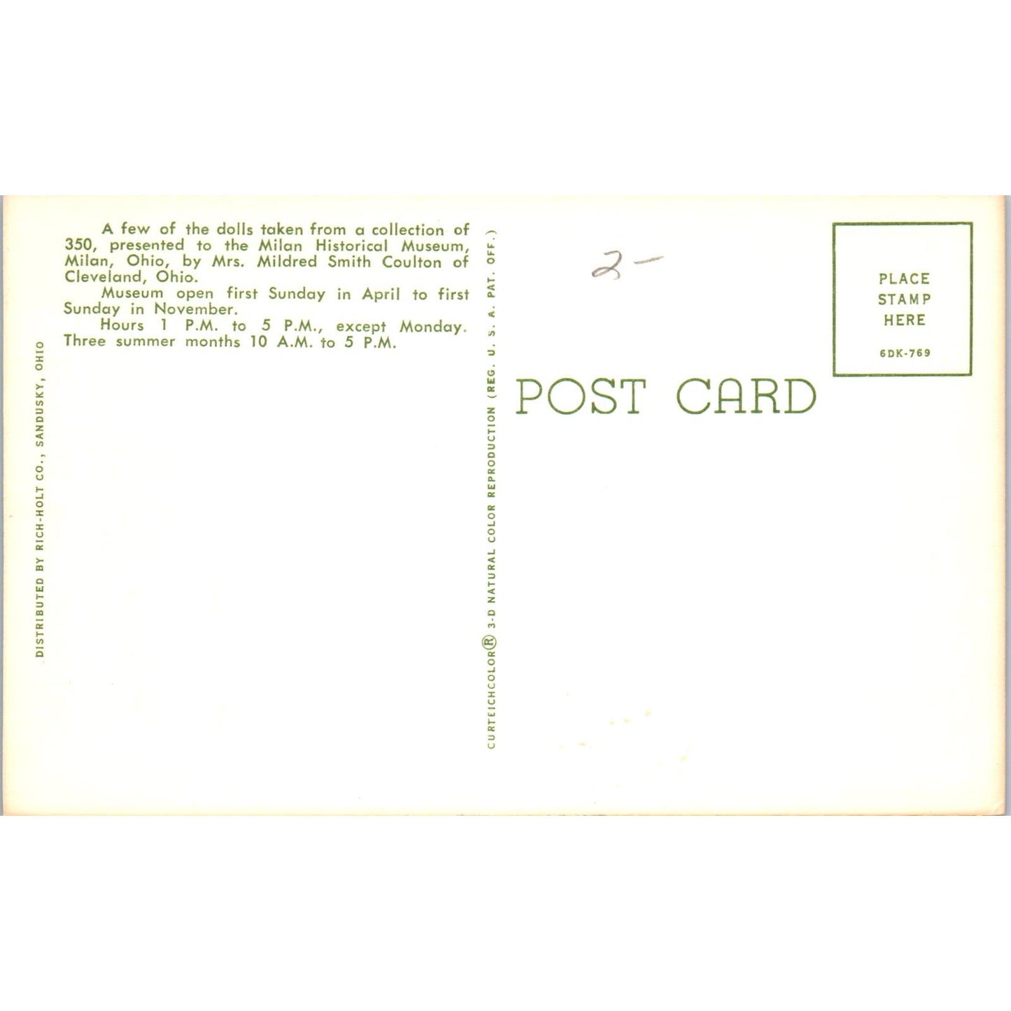 Mildred Smith Coulton Dolls Milan Historical Museum OH Original Postcard PB8