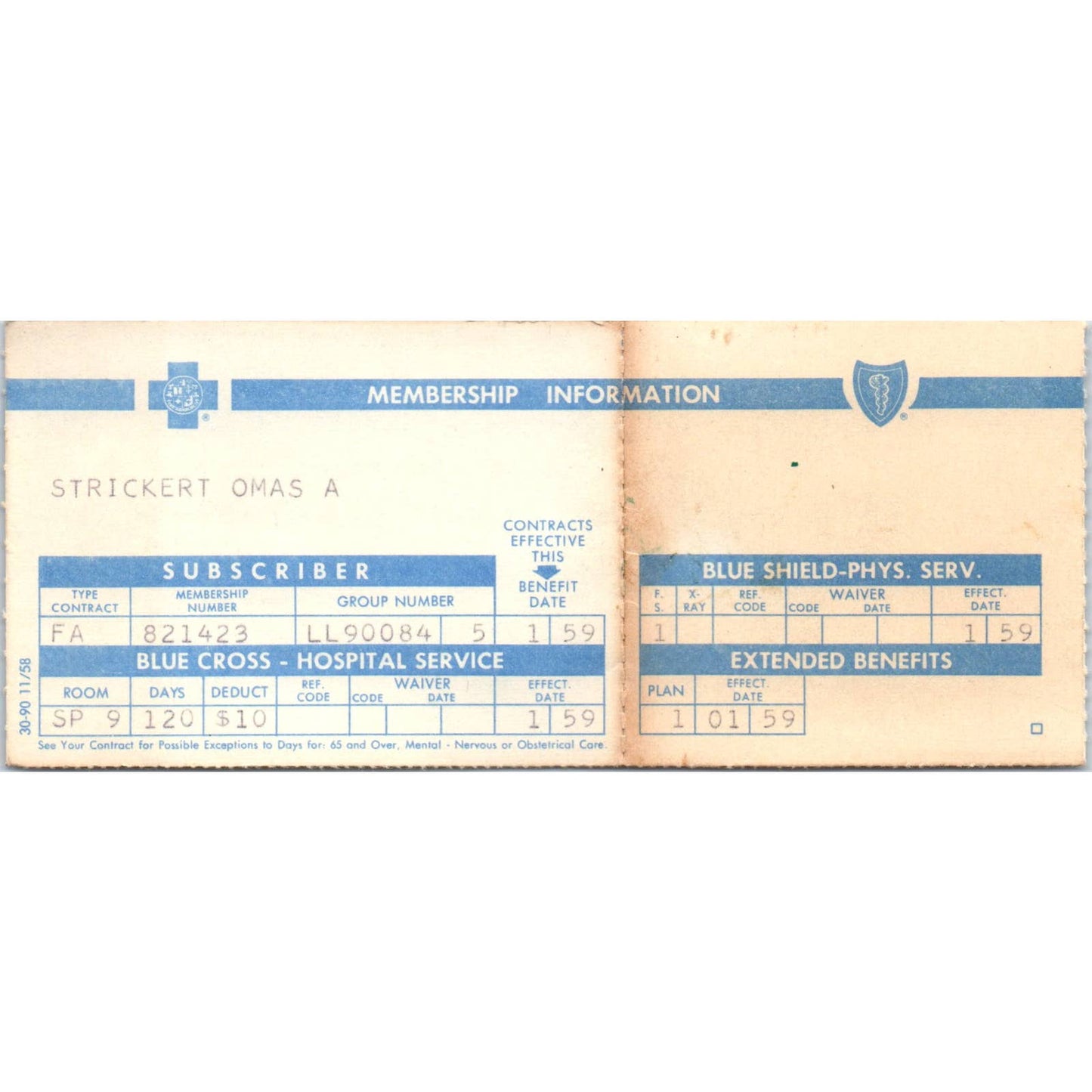 1958 Blue Cross Topeka KS Member Card Omas A. Strickert SE4